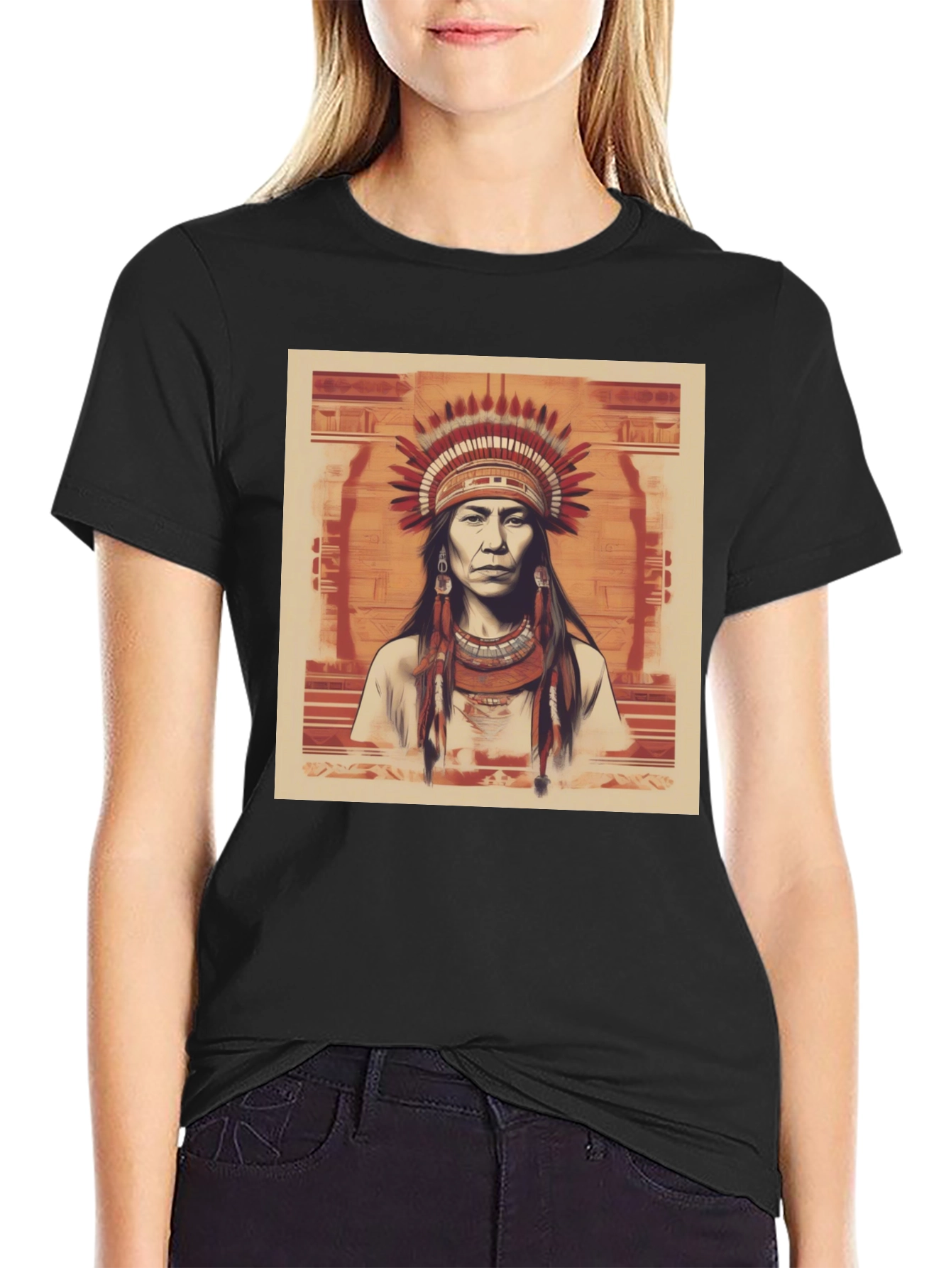 Black Native American Chief Graphic Tee - Black Cotton view 2