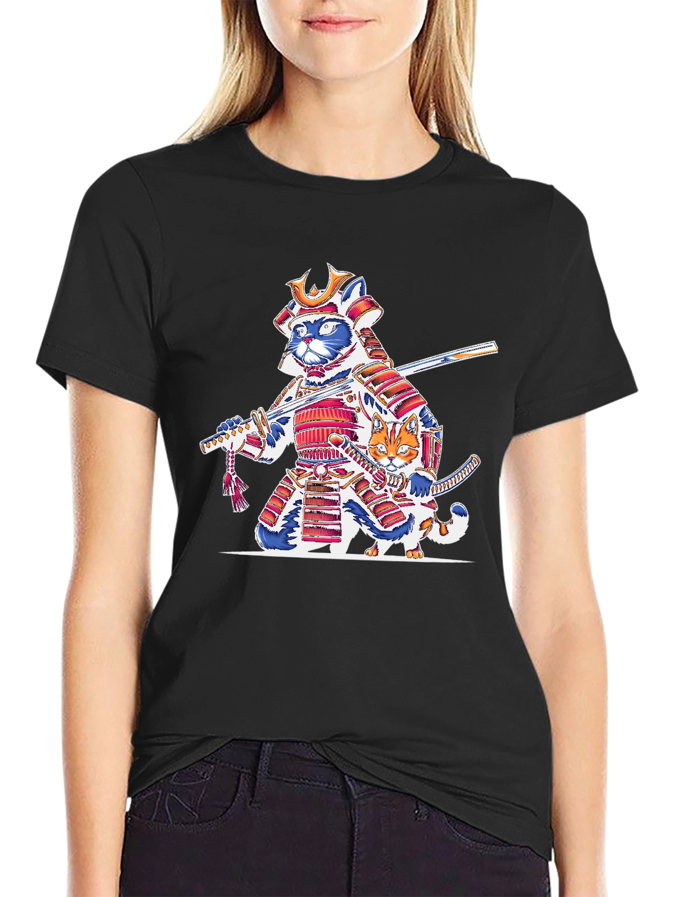 Black Samurai Cat T-Shirt: Feline Warrior Design view 2