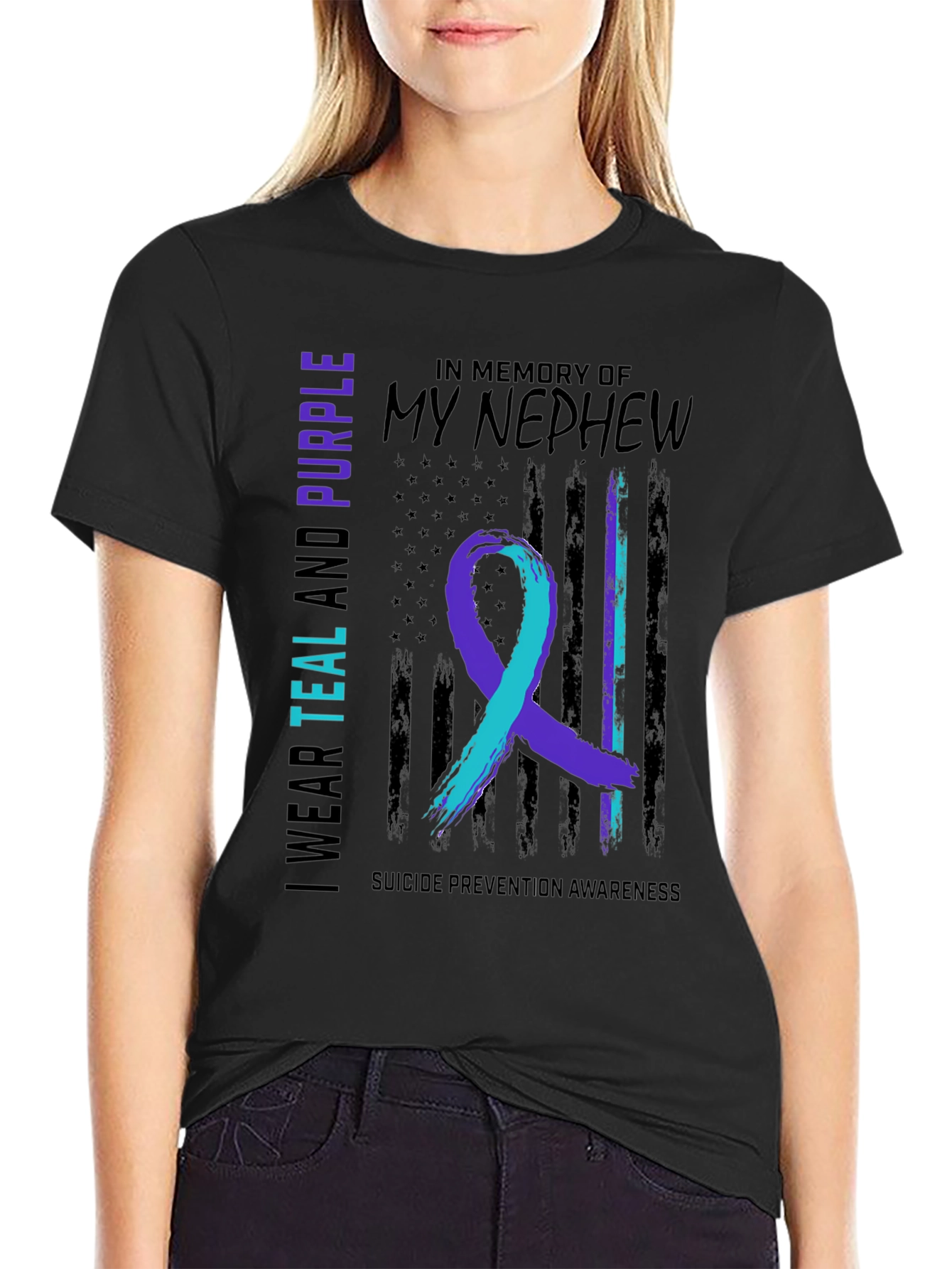Black Teal and Purple Suicide Awareness T-Shirt view 2