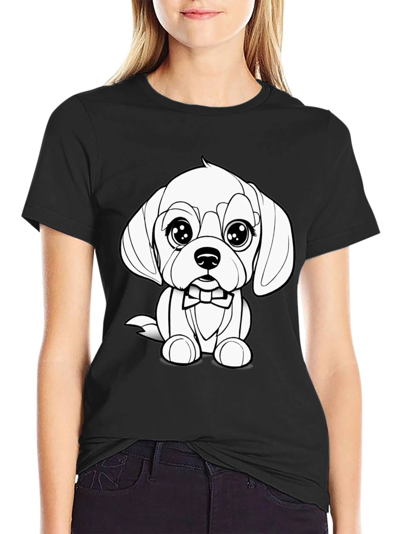 Black Cute Puppy Bowtie Black T-Shirt view 2