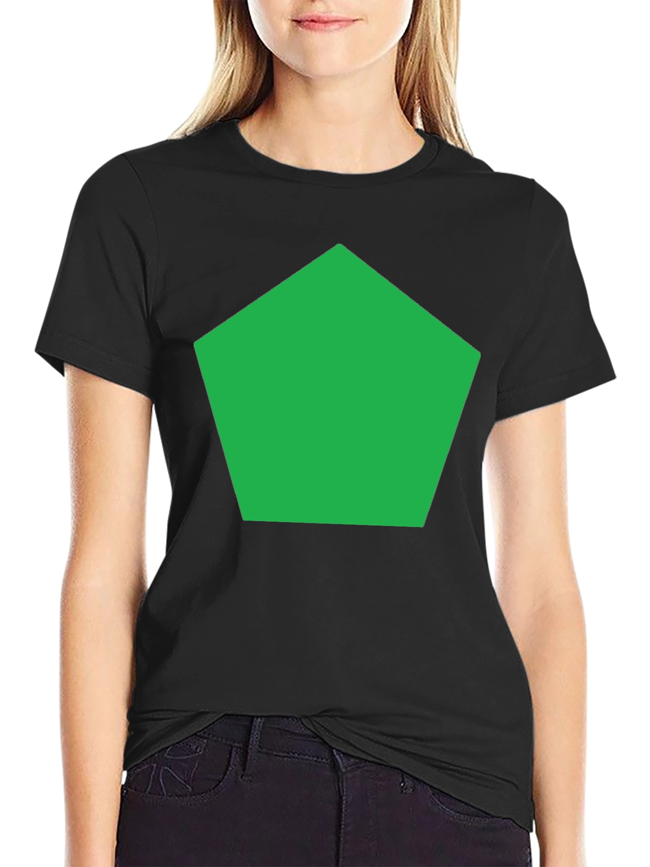 Black Modern Geometric Tee - Green Pentagon Design view 2
