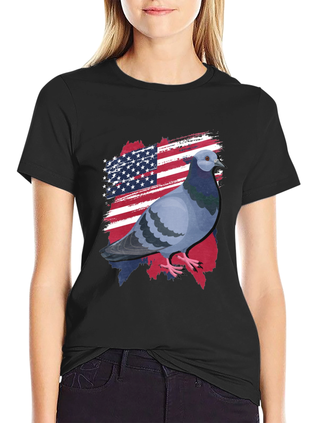 Black Patriotic Pigeon Graphic Tee - American Flag Bird T-Shirt view 2