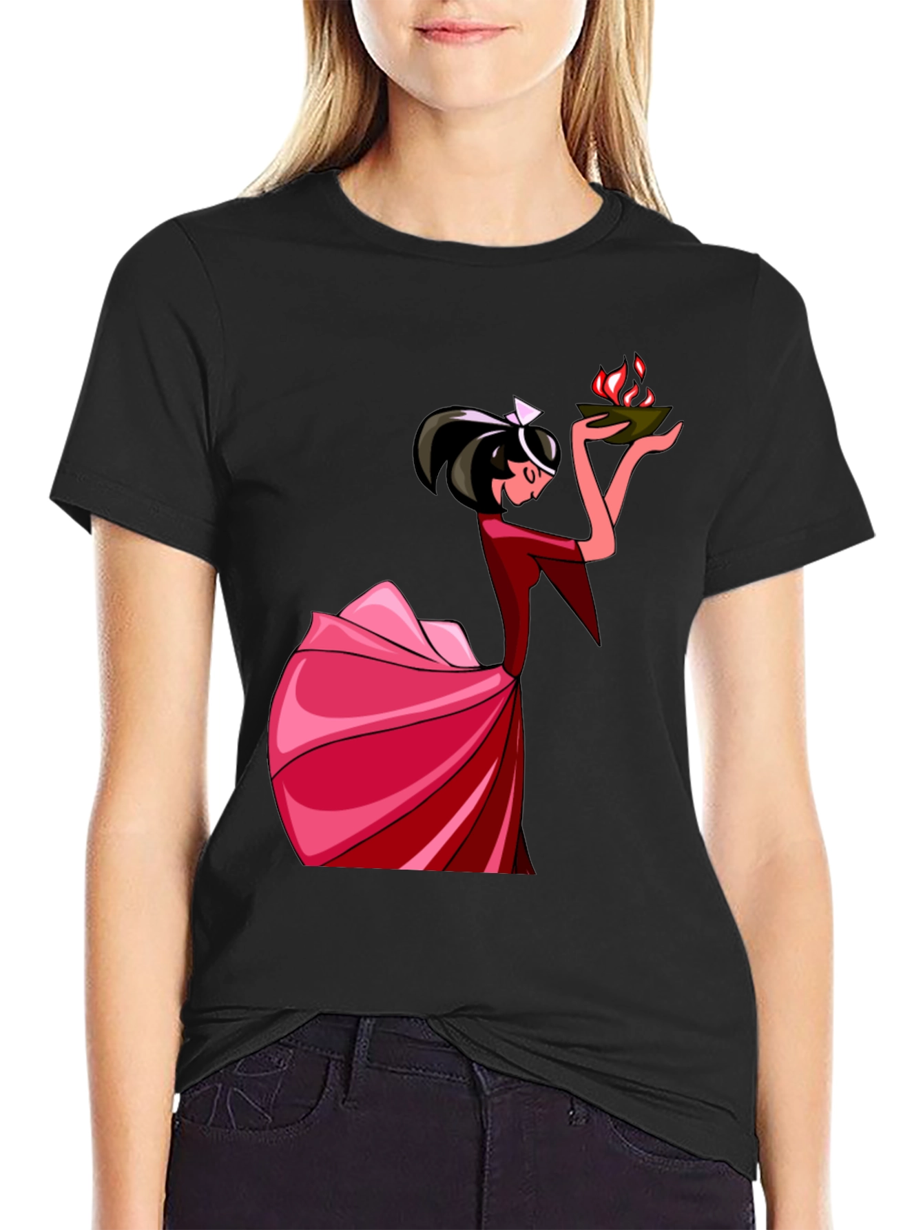 Black Unique Graphic T-Shirt: Lady with Fire view 2