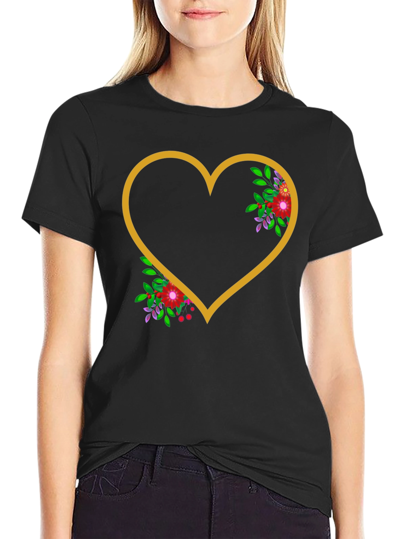Black Floral Heart Graphic Tee - Stylish Comfort view 2