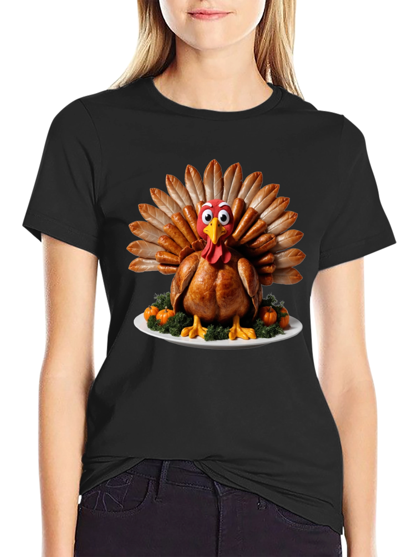 Black Thanksgiving Turkey T-Shirt - Sausage Feather Cartoon Bird view 2