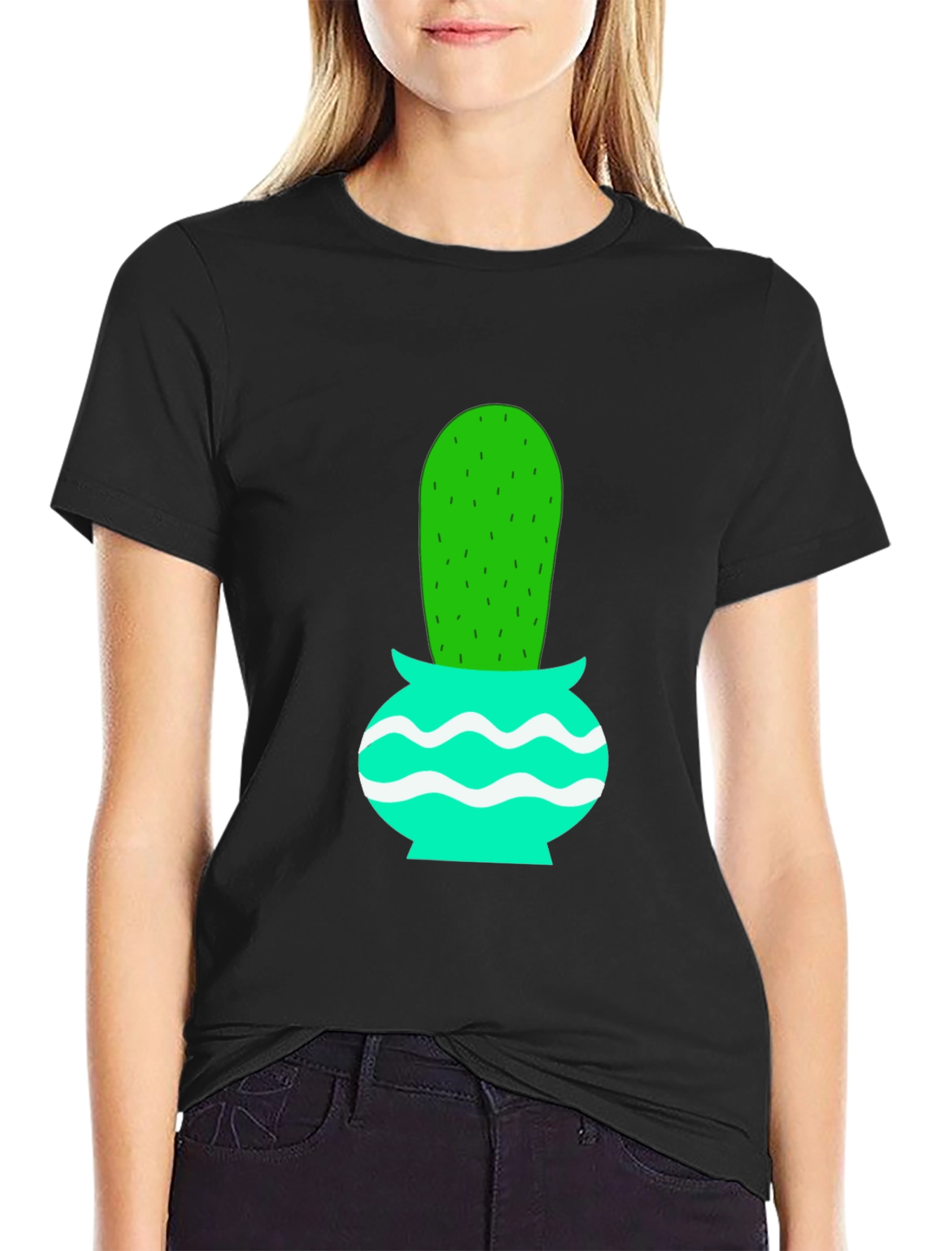 Black Cactus in Pot Graphic Tee - Black Cotton T-Shirt view 2