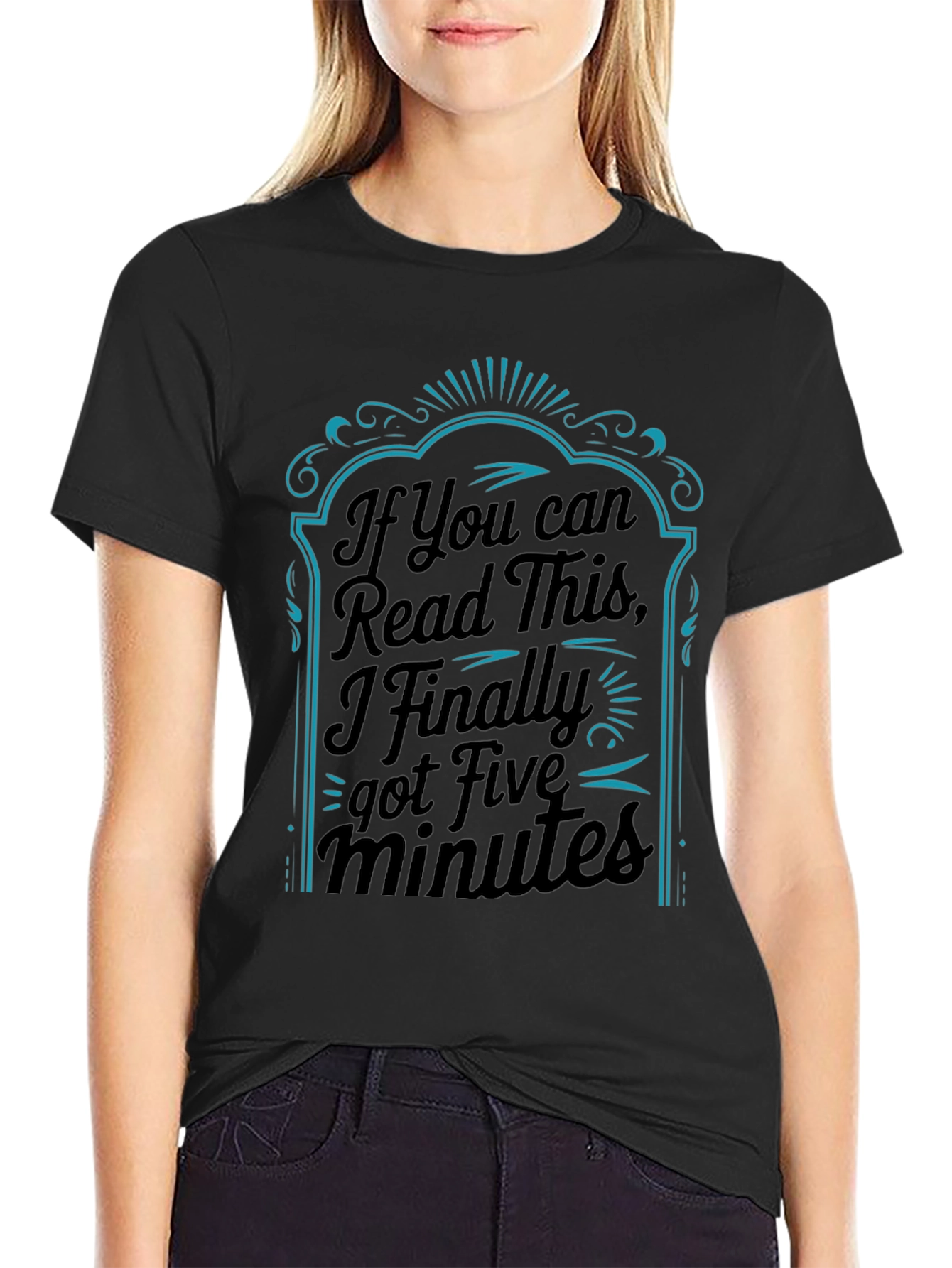 Black Funny "Five Minutes" Graphic Print Black T-Shirt view 2