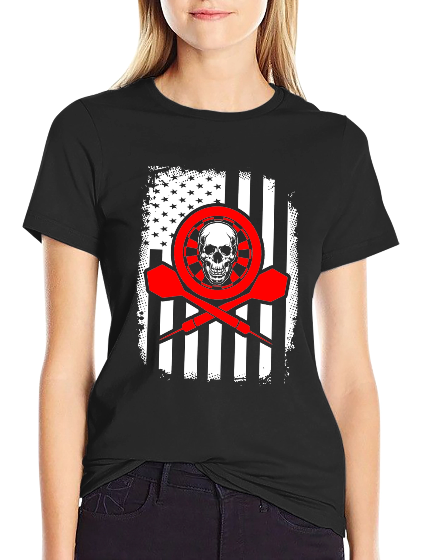 Black Darts Skull Flag T-Shirt - Patriotic Dart Player Tee view 2