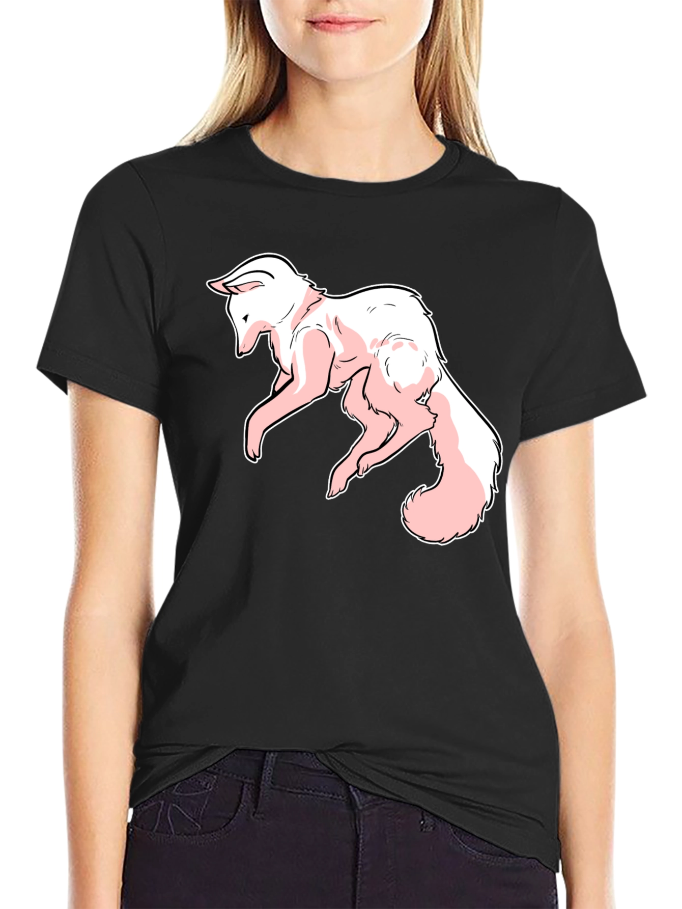 Black Pink Fox Graphic Tee - Stylish Black T-Shirt view 2