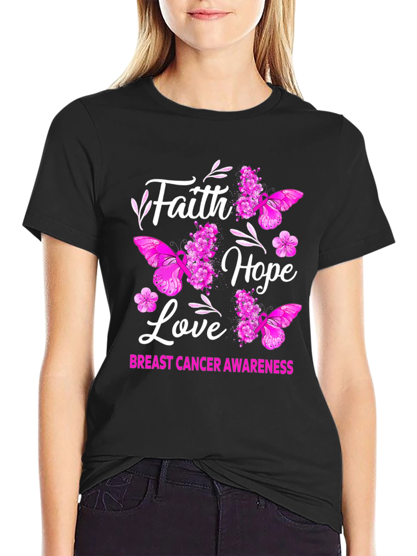 Black Faith Hope Love Breast Cancer Awareness Graphic Tee view 2