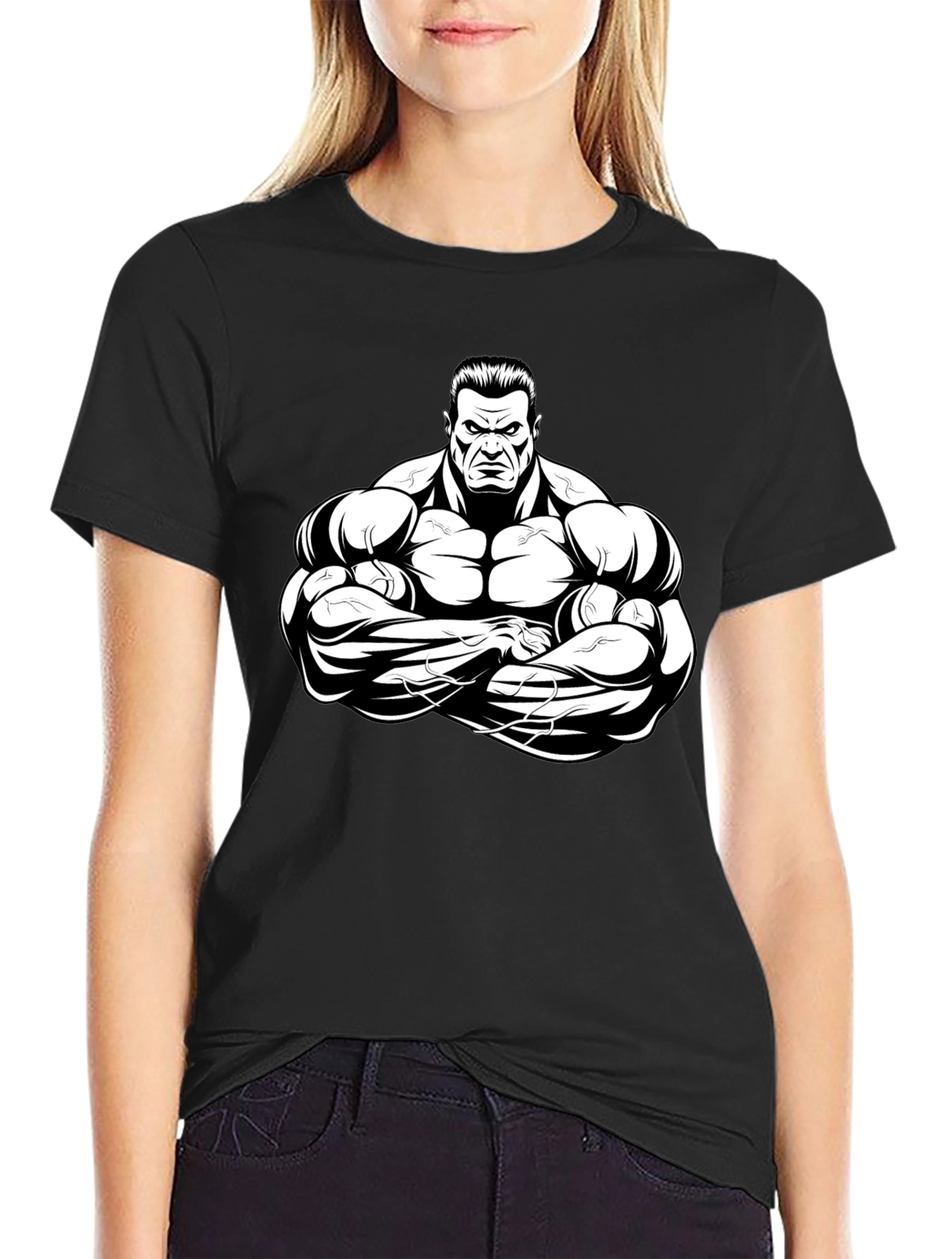 Black Black T-Shirt with Muscular Cartoon Graphic view 2