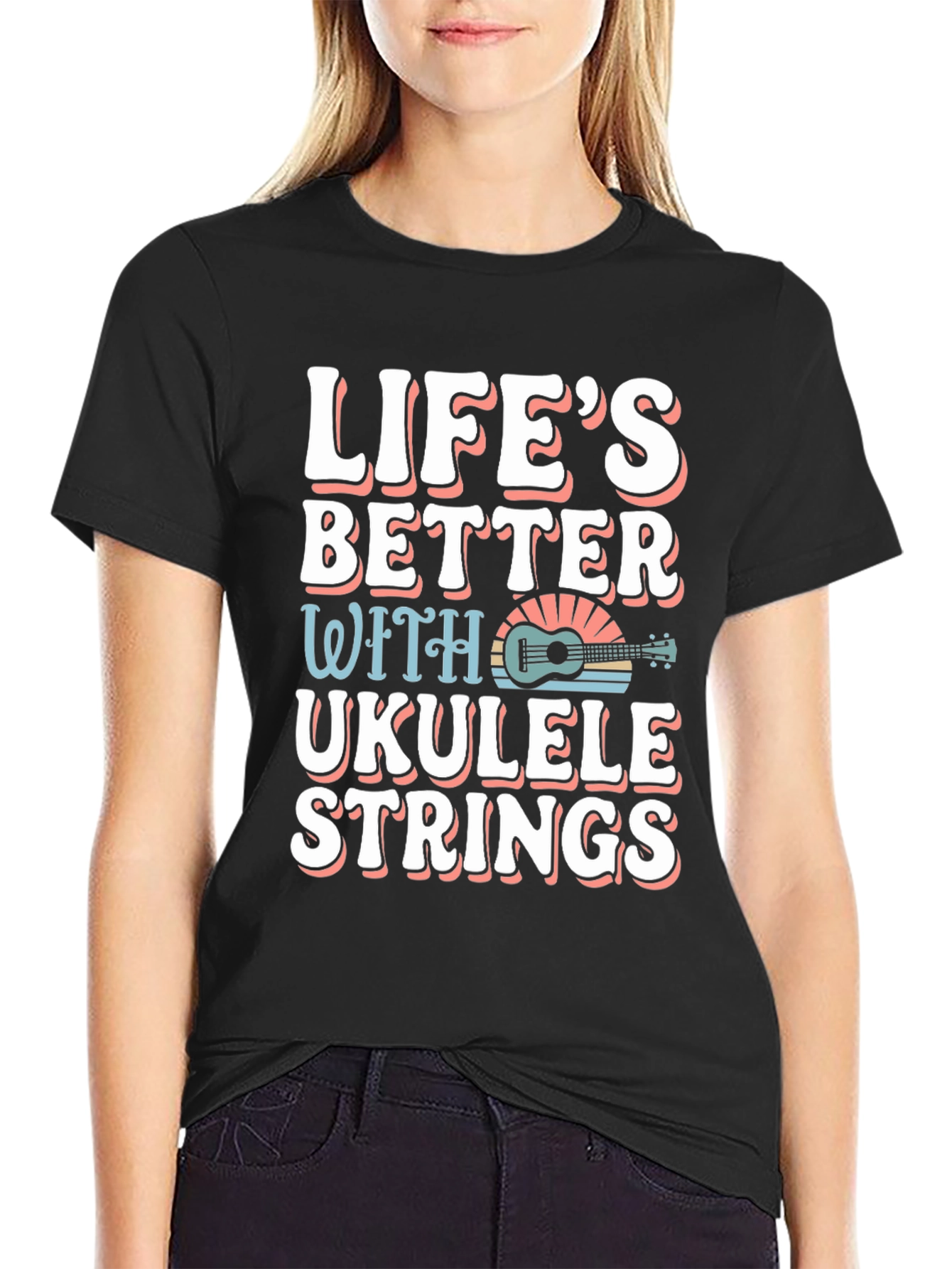 Black Life's Better Ukulele Strings Graphic Tee view 2