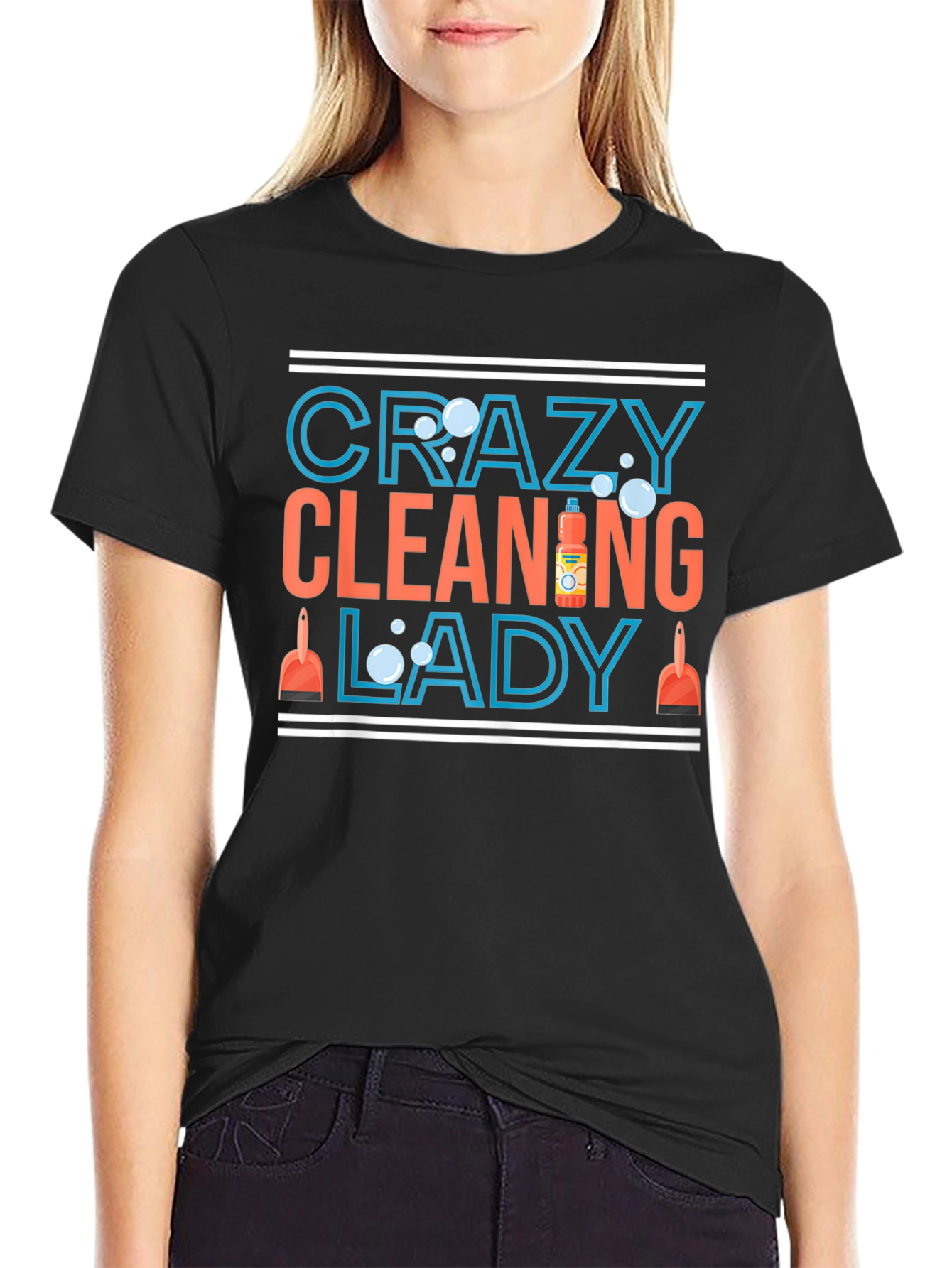 Black Crazy Cleaning Lady T-Shirt - Funny Cleaning Tee view 2