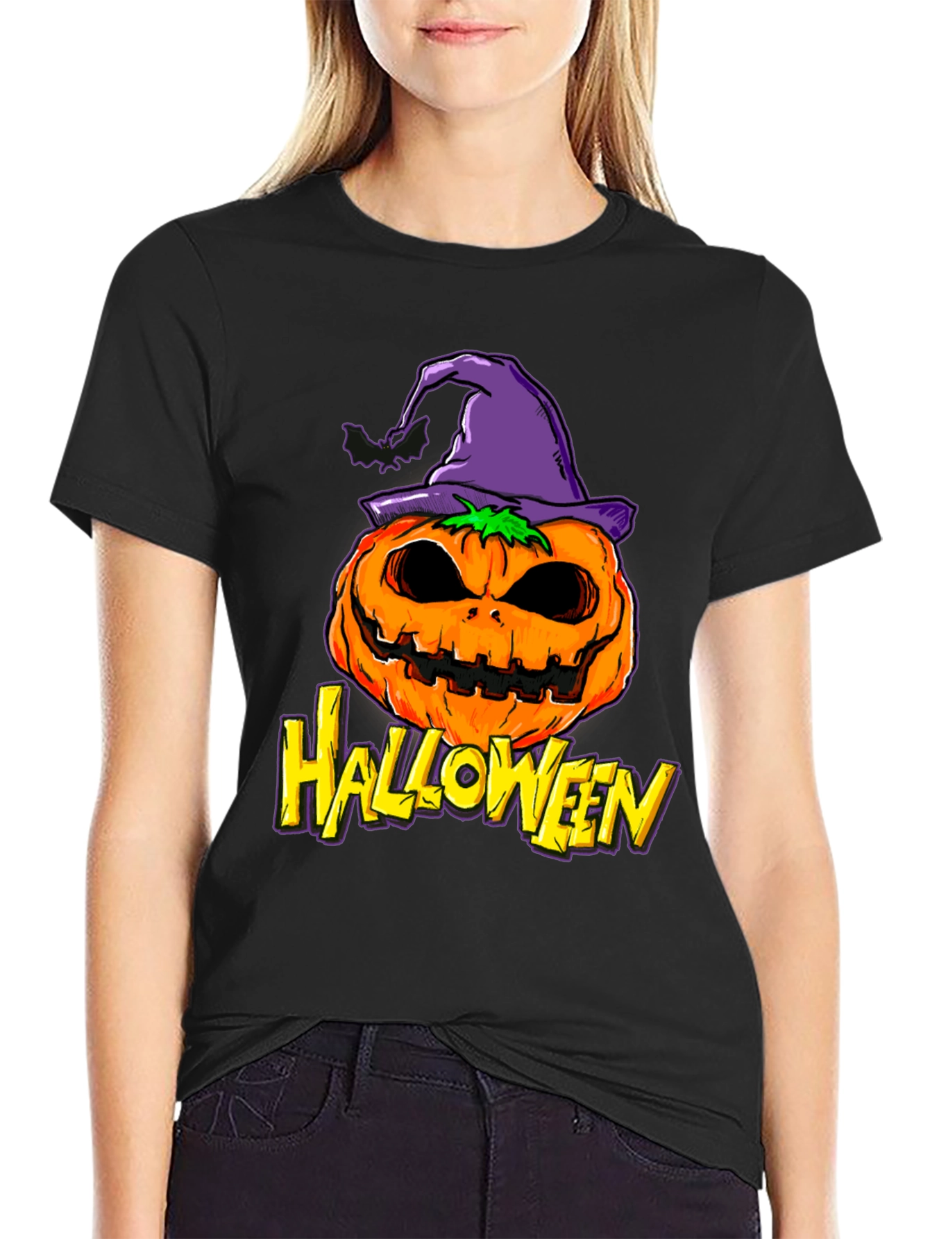 Black Halloween Pumpkin Witch Hat Graphic Tee view 2