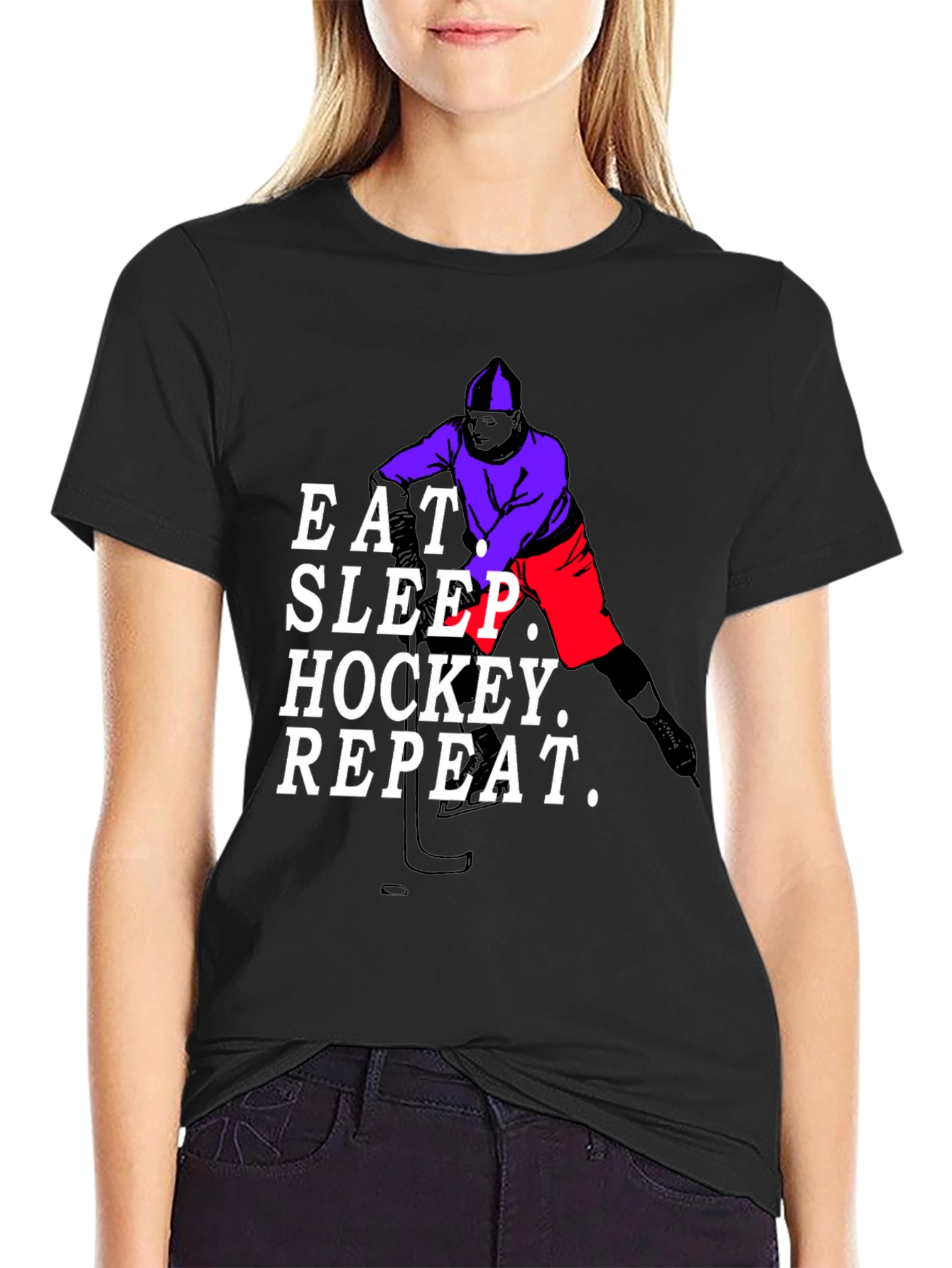 Black Eat Sleep Hockey Repeat Black T-Shirt view 2