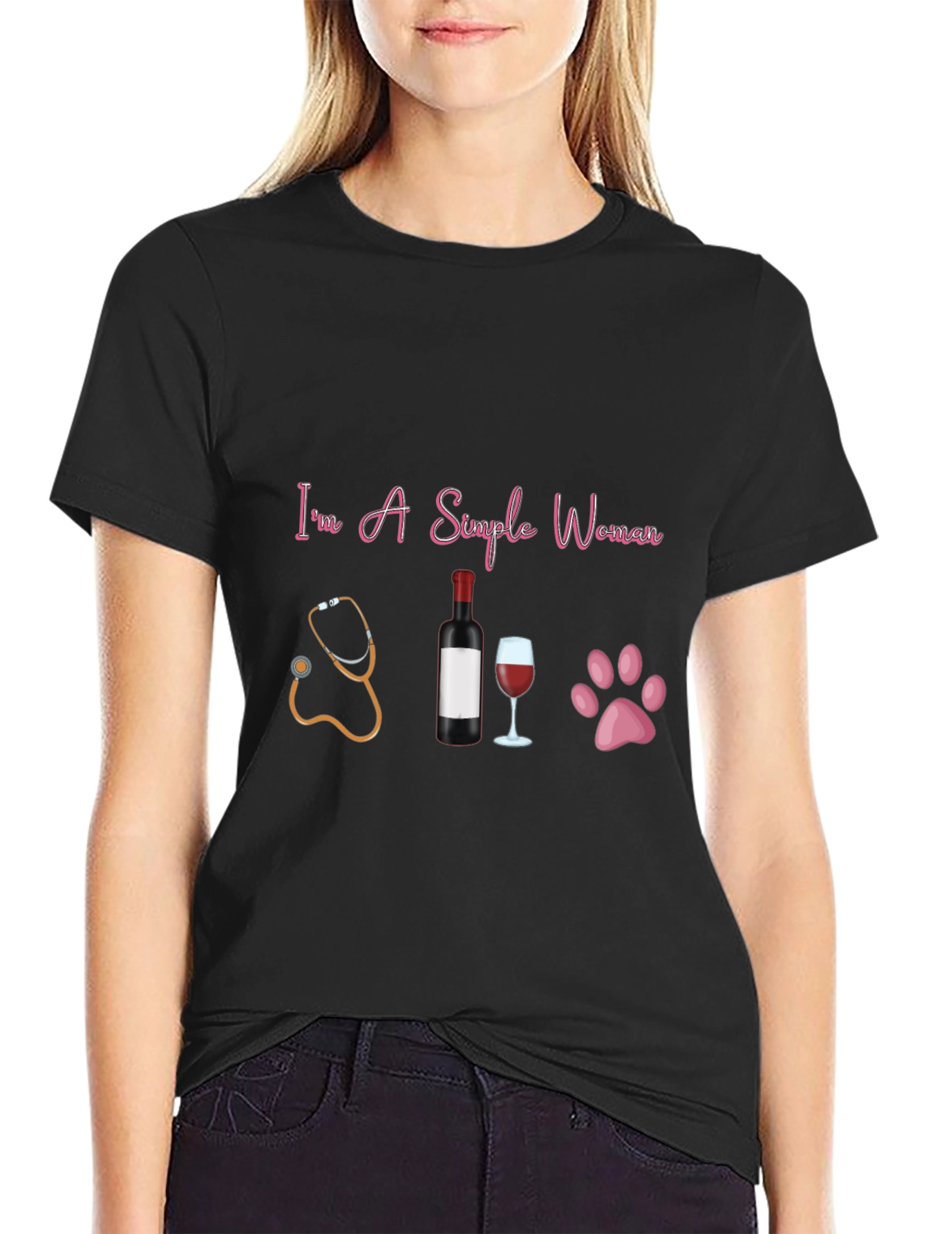 Black Simple Woman T-Shirt: Stethoscope, Wine, & Paws view 2