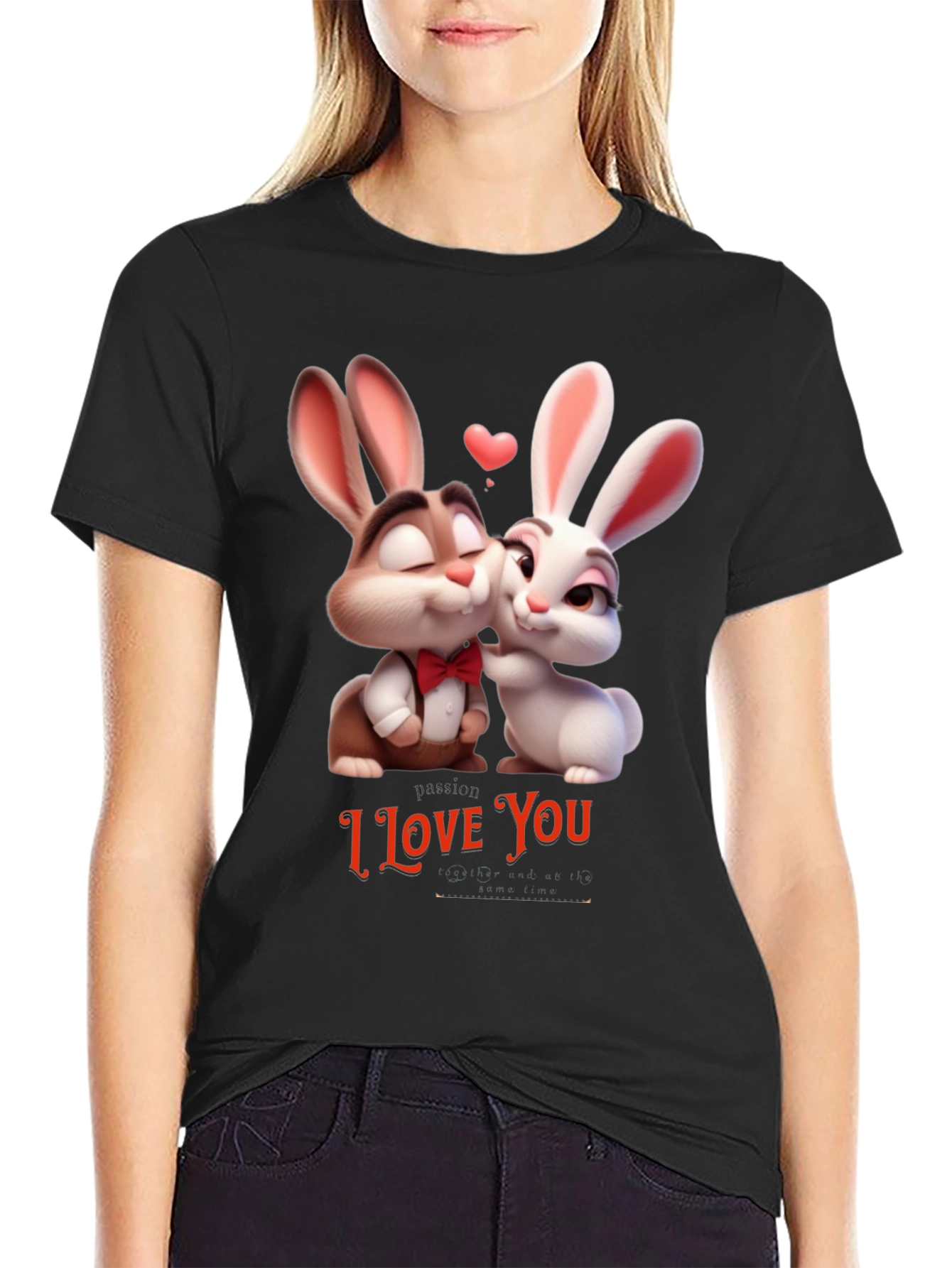 Black I Love You Valentine's Day Bunny T-Shirt view 2