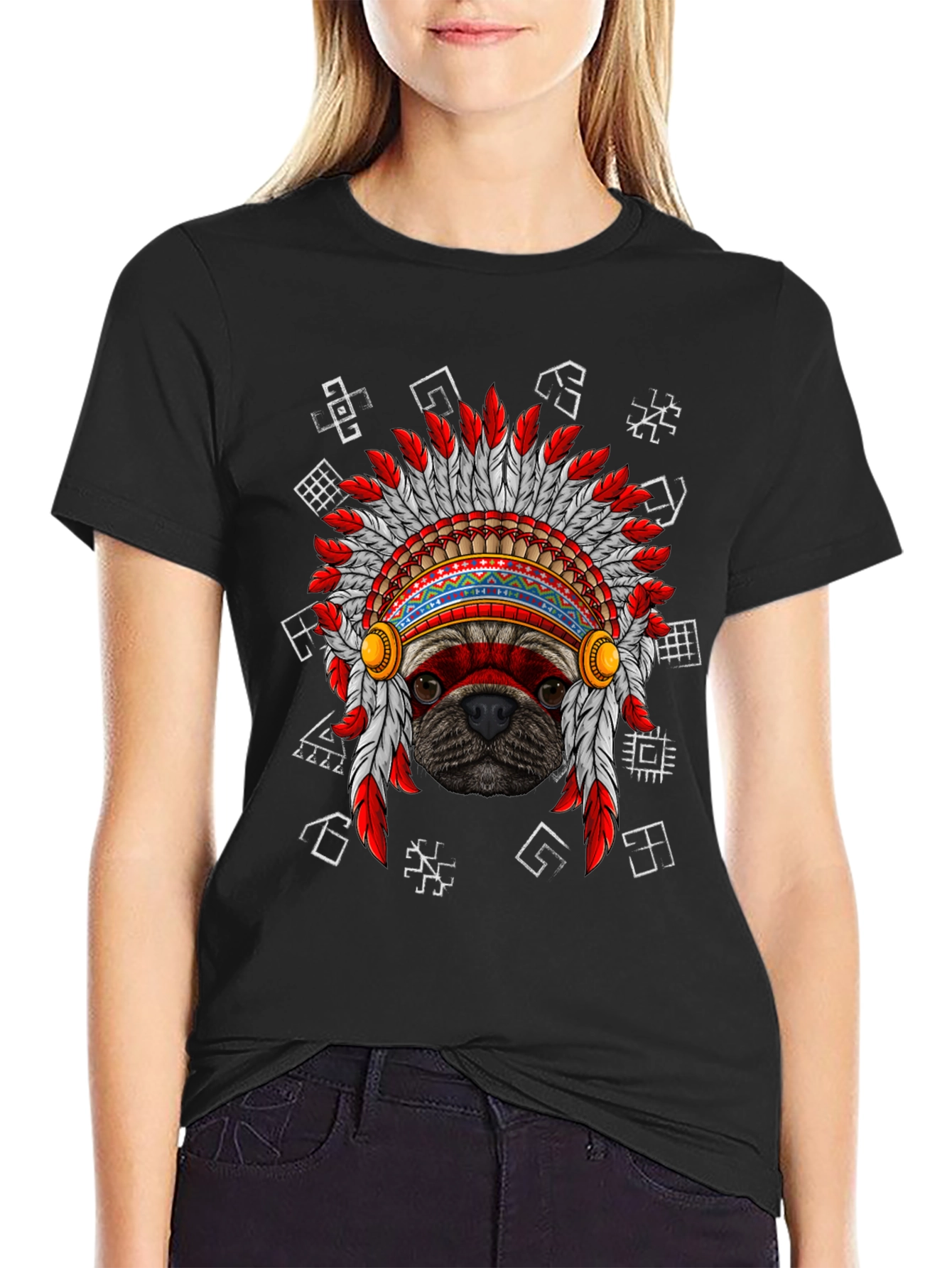 Black Pug Indian Chief Headdress Graphic T-Shirt view 2