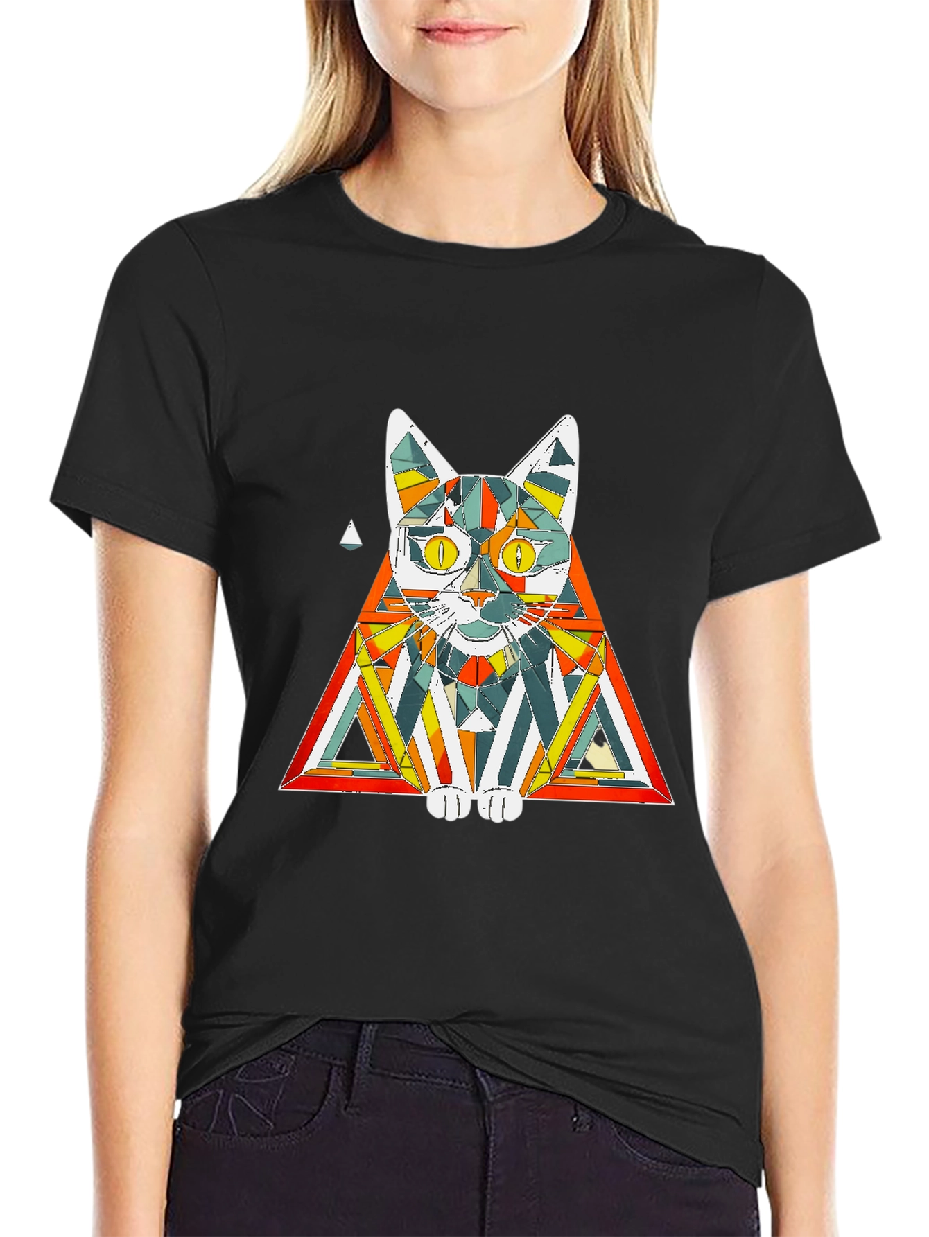 Black Geometric Cat T-Shirt: Colorful & Modern view 2