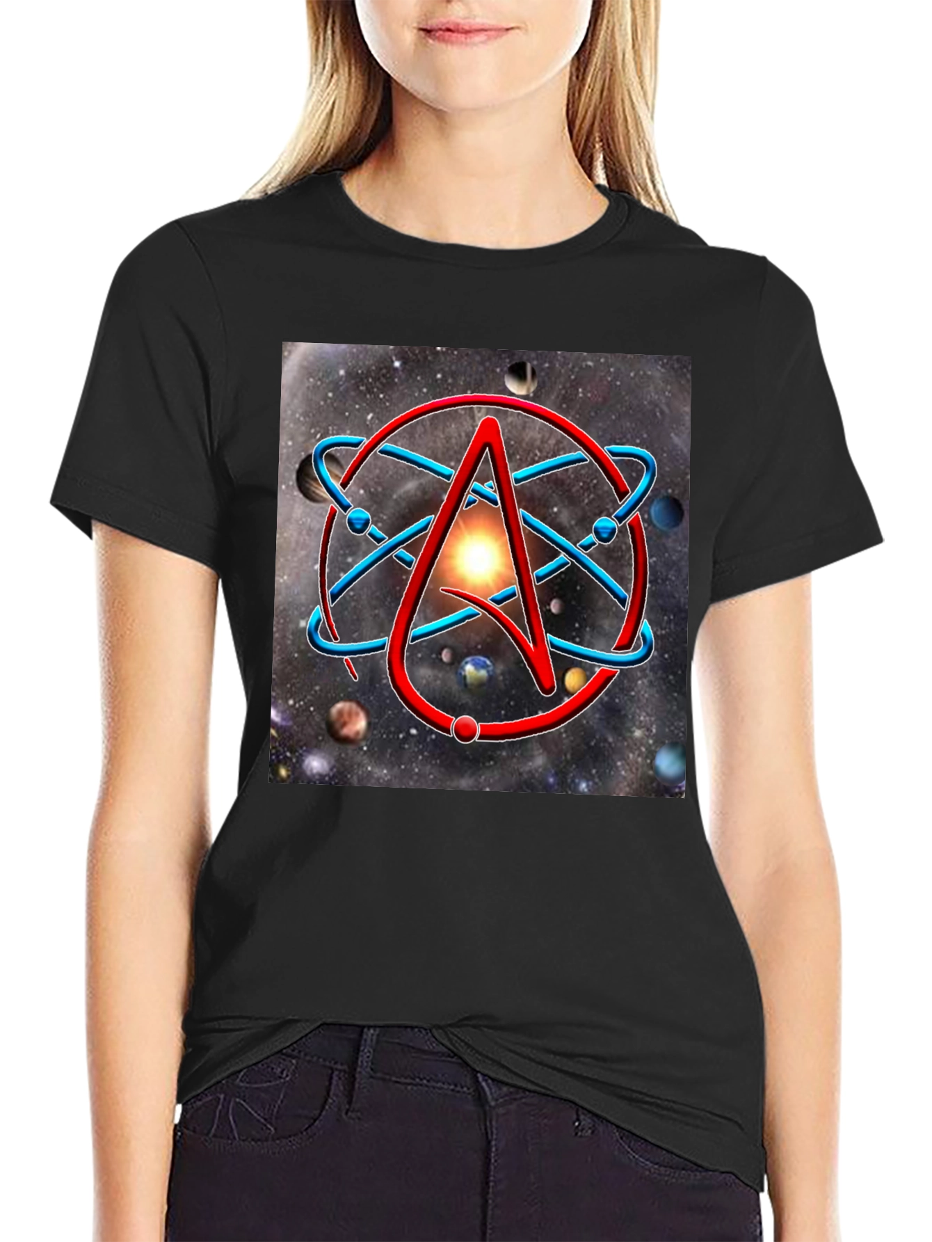 Black Atheist Symbol Graphic Tee - Space Background view 2