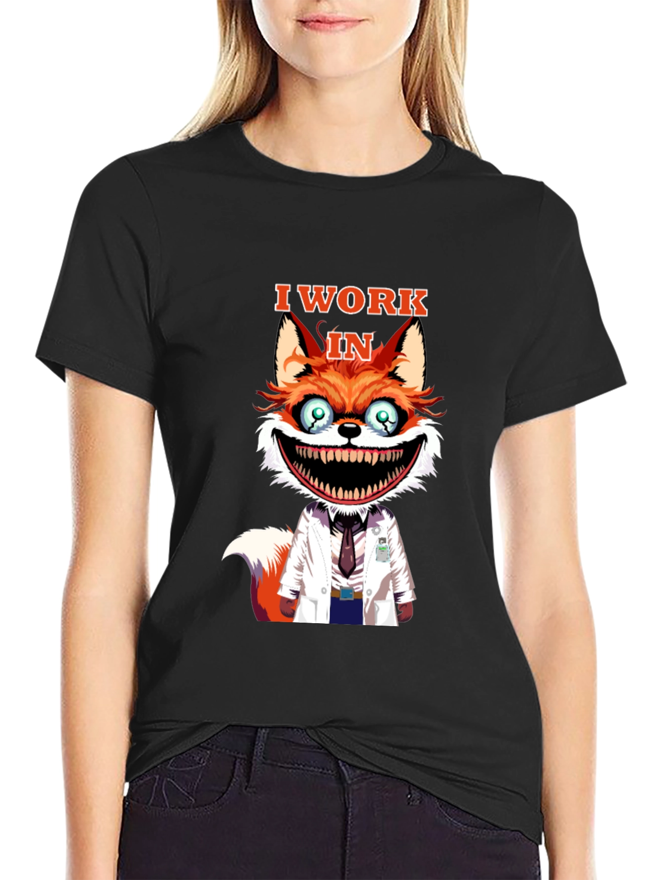 Black I Work in Crazy Fox Scientist Graphic Tee view 2