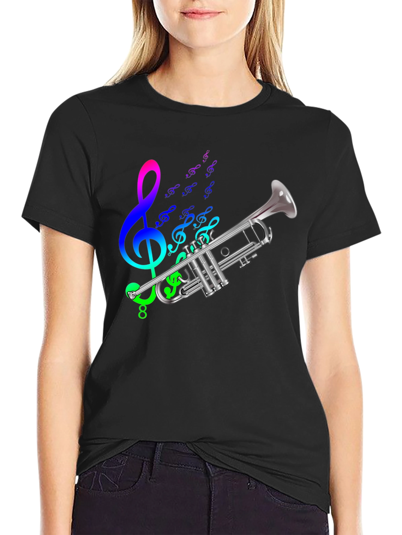 Black Musical Trumpet Graphic Tee - Black Cotton T-Shirt view 2
