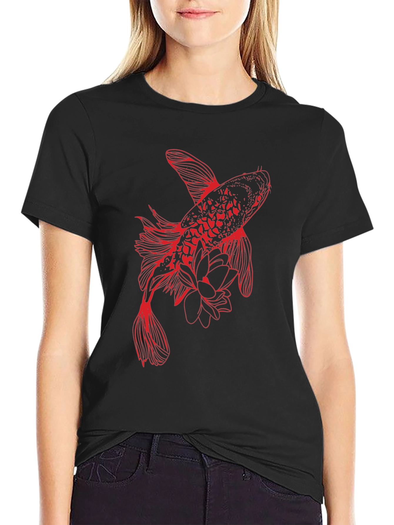 Black Red Koi Fish Graphic Tee - Stylish Black T-Shirt view 2