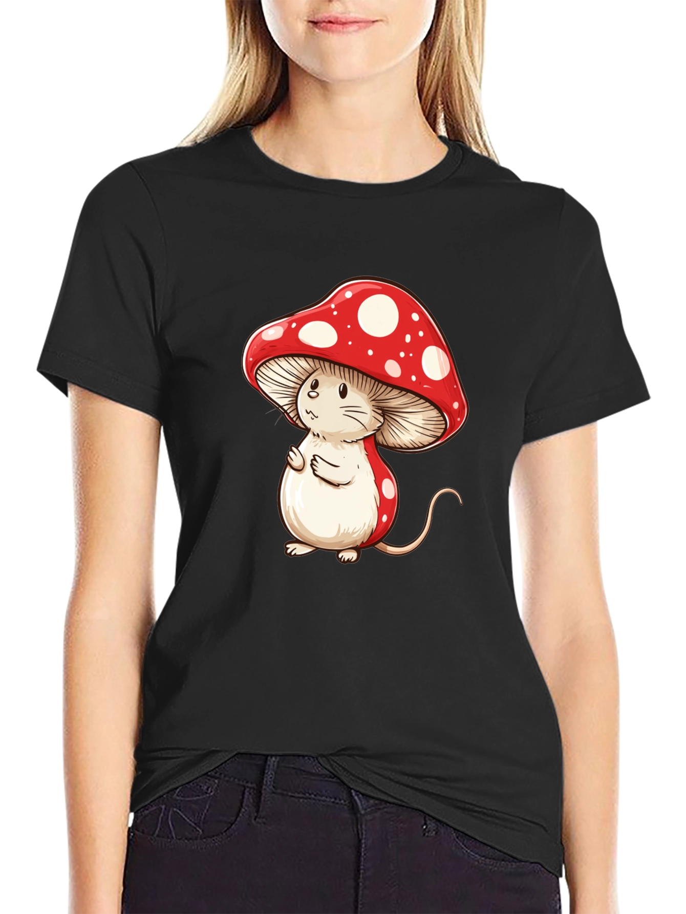 Black Mushroom Mouse T-Shirt - Fun Cartoon Graphic Tee view 2