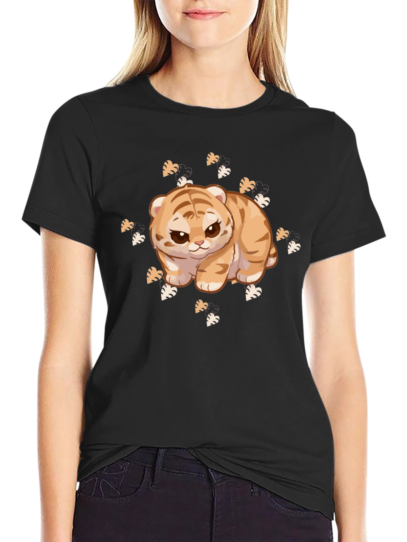 Black Cute Tiger Cub Graphic Print Black T-Shirt view 2