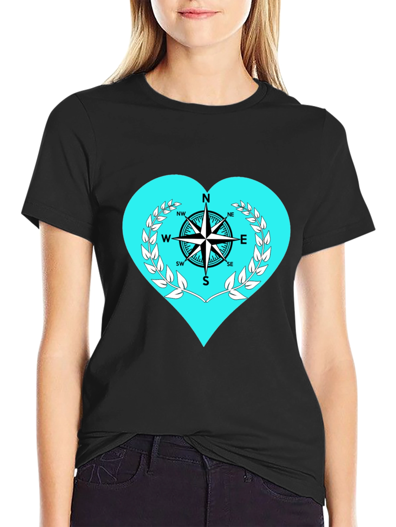Black Compass Heart Graphic Tee - Stylish Black T-Shirt view 2