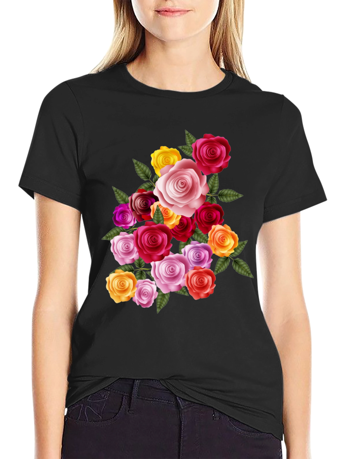 Black Floral Rose Bouquet Graphic Tee - Black view 2