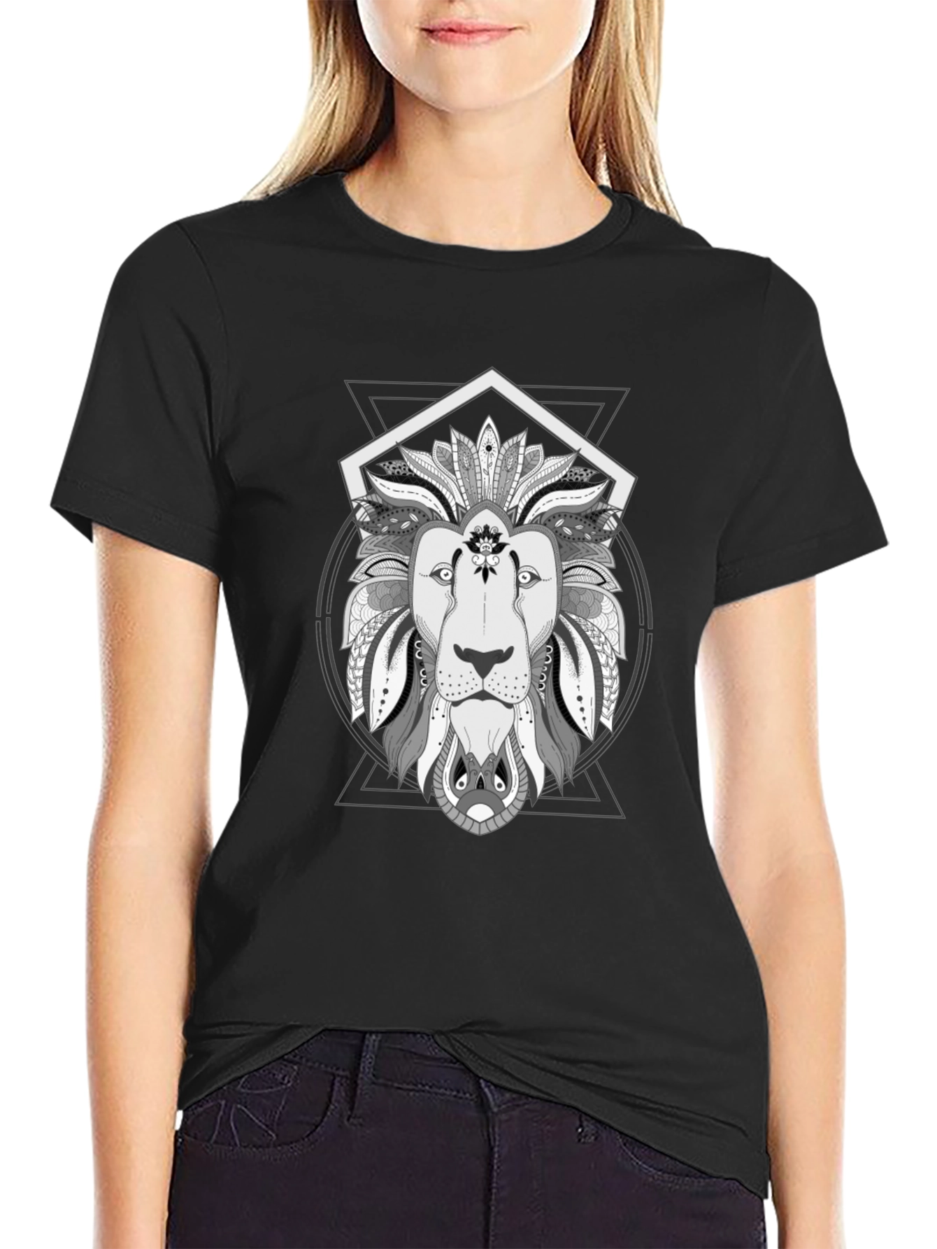 Black Geometric Lion Graphic Tee - Stylish Black T-Shirt view 2