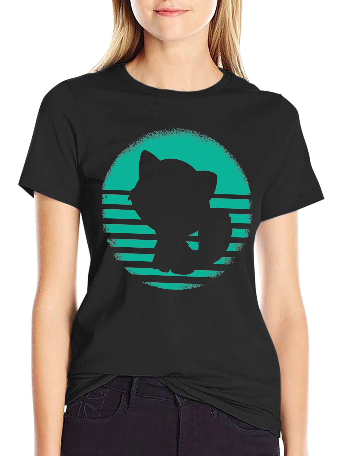 Black Retro Cat Silhouette Graphic T-Shirt view 2