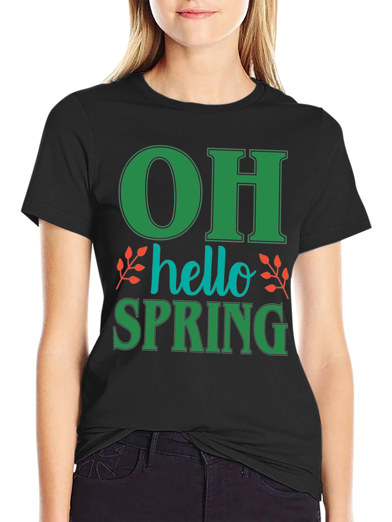 Black Oh Hello Spring T-Shirt - Green Graphic Tee view 2