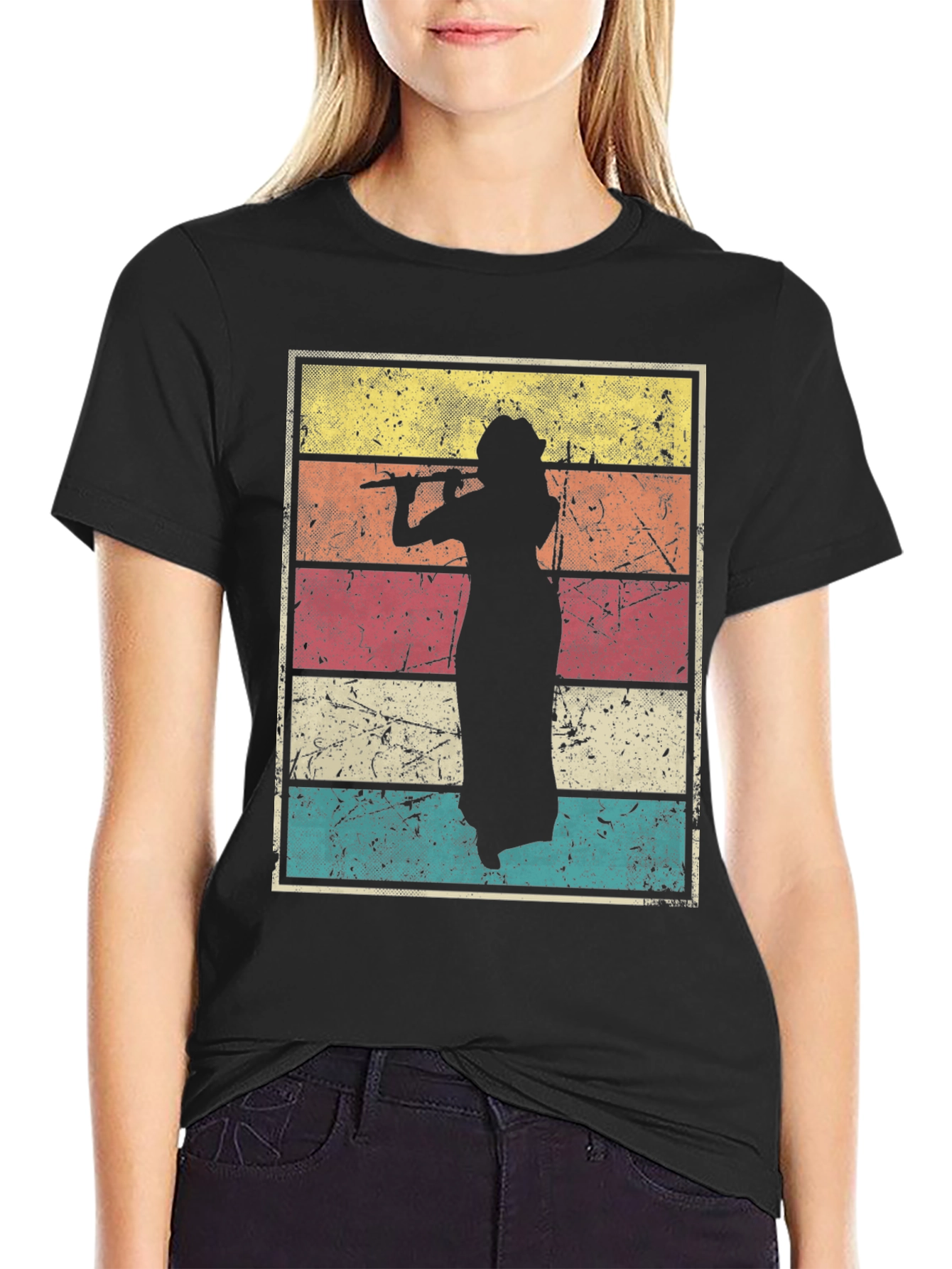 Black Retro Flute Player T-Shirt  view 2