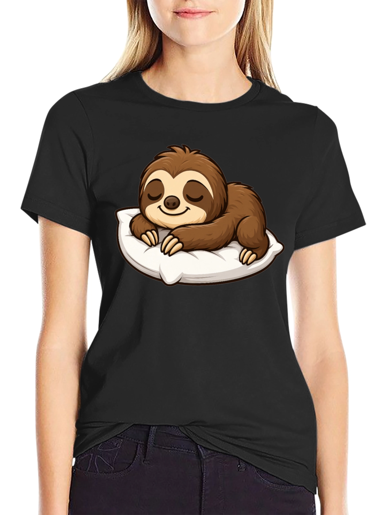 Black Cute Sleeping Sloth Graphic T-Shirt view 2