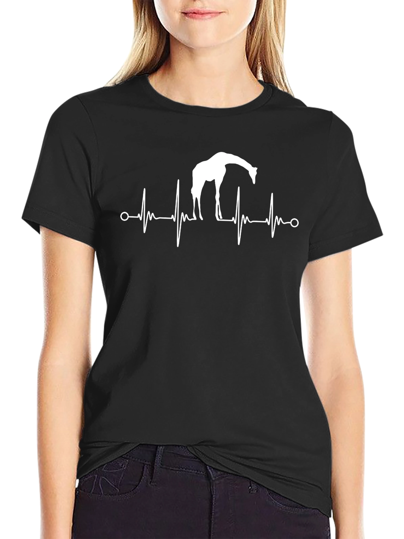Black Giraffe Heartbeat Graphic Tee - Black Cotton T-Shirt view 2