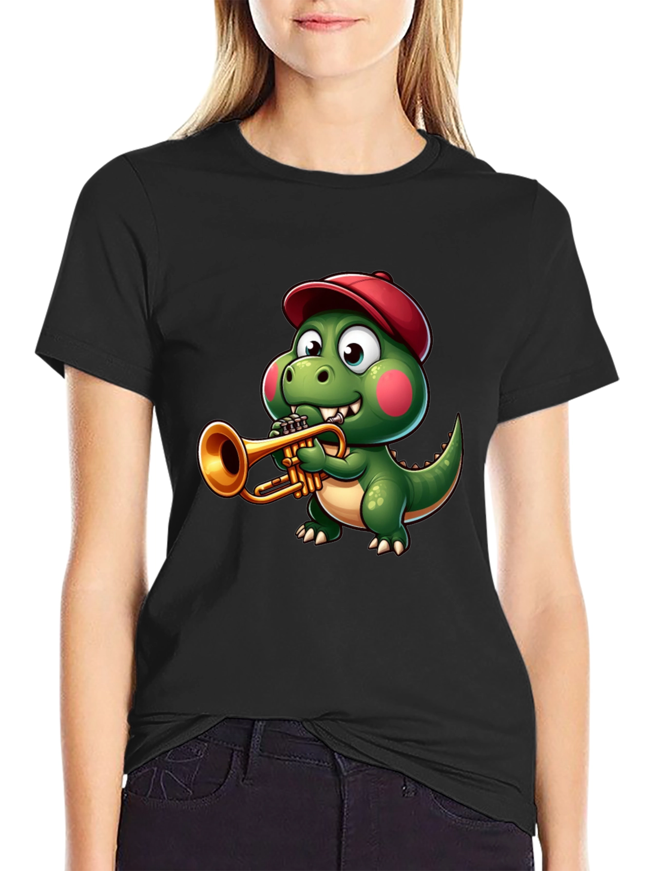 Black Trumpet Dinosaur T-Shirt - Cartoon Music Tee view 2