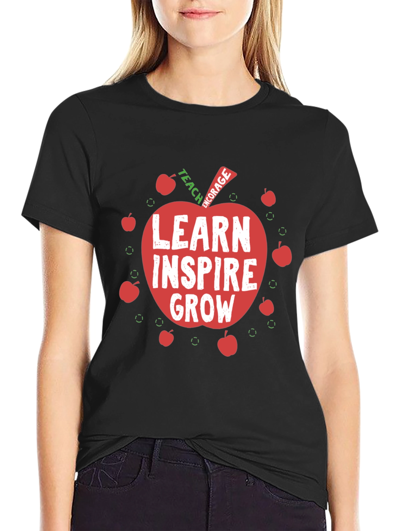 Black Teacher Apple Graphic T-Shirt - Learn Inspire Grow view 2
