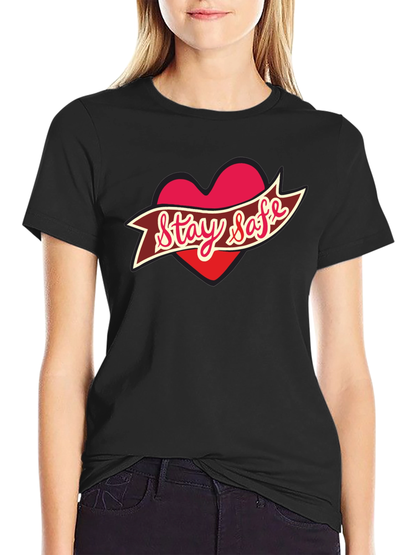 Black Stay Safe Heart T-Shirt - Black view 2