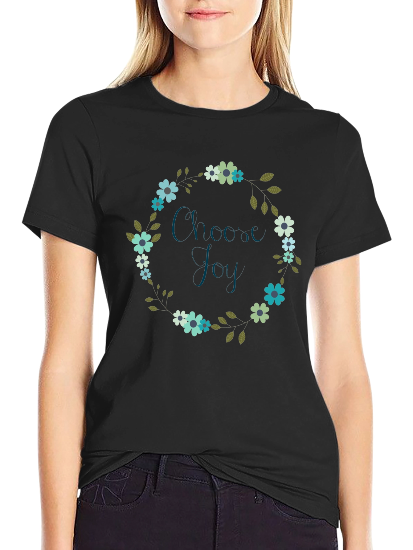 Black Choose Joy Floral Wreath Black T-Shirt view 2