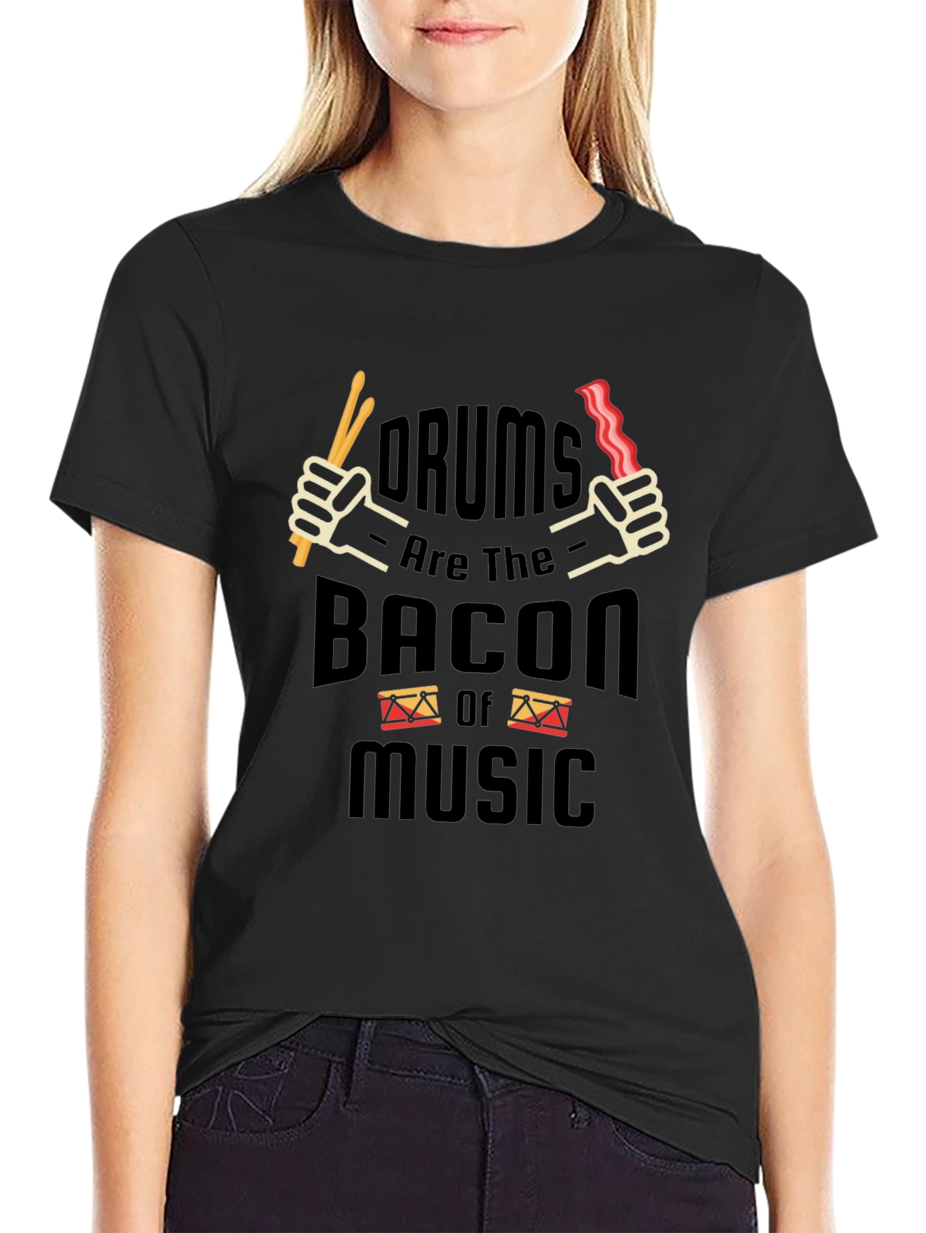 Black Drums Bacon Music T-Shirt Funny Musician Tee view 2