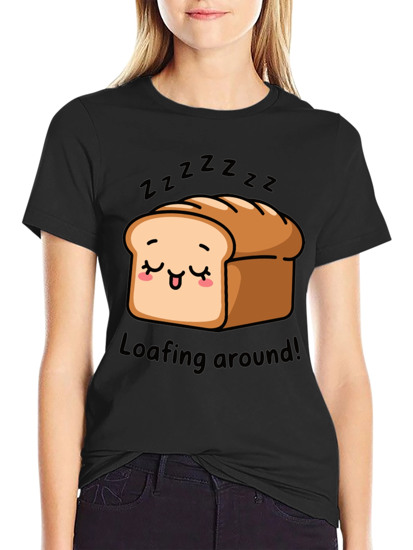 Black Loafing Around Bread Cartoon Black T-Shirt view 2
