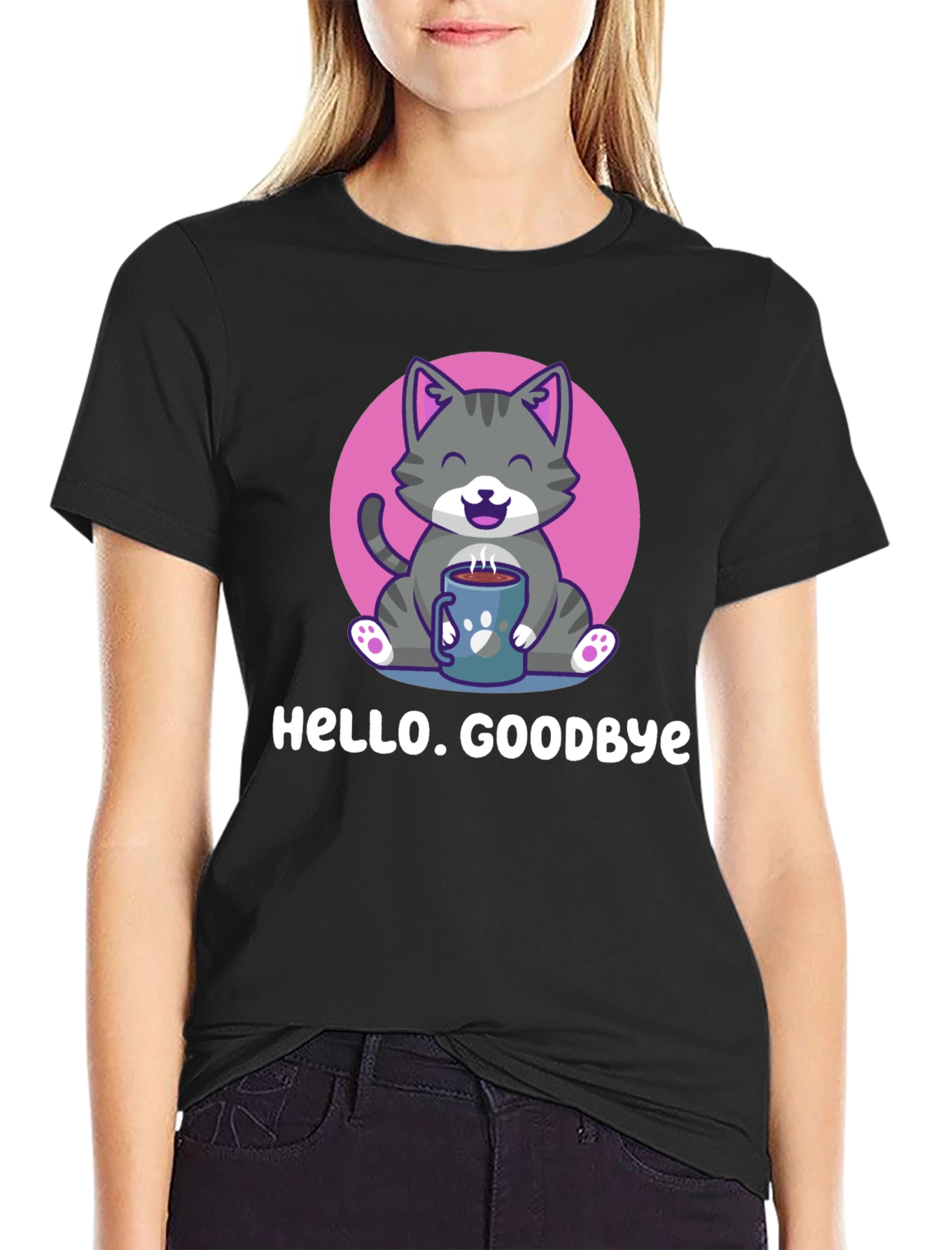 Black Cat and Coffee T-Shirt - Hello. Goodbye. view 2