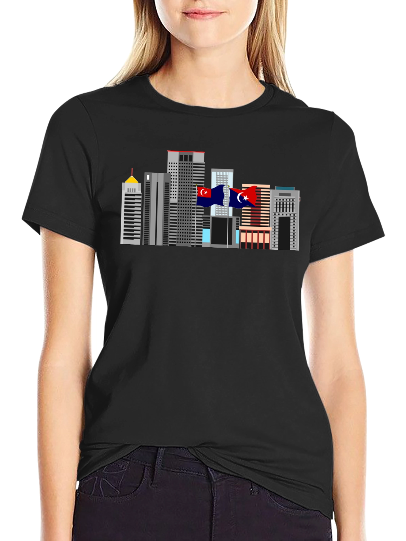 Black City Skyline Graphic Tee - Black Cotton T-Shirt view 2