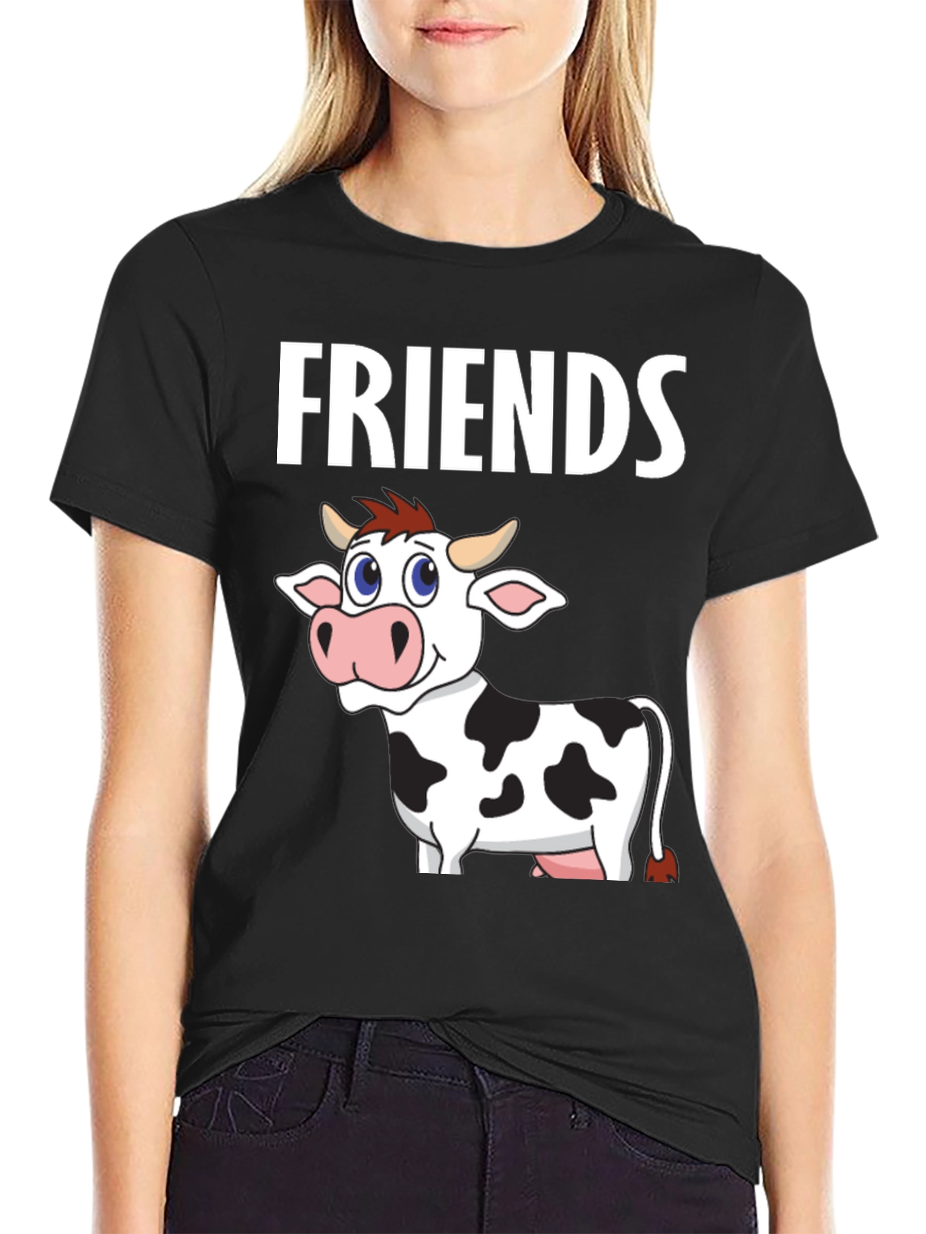 Black Cow Friends Graphic Tee -  Black Crew Neck T-Shirt view 2