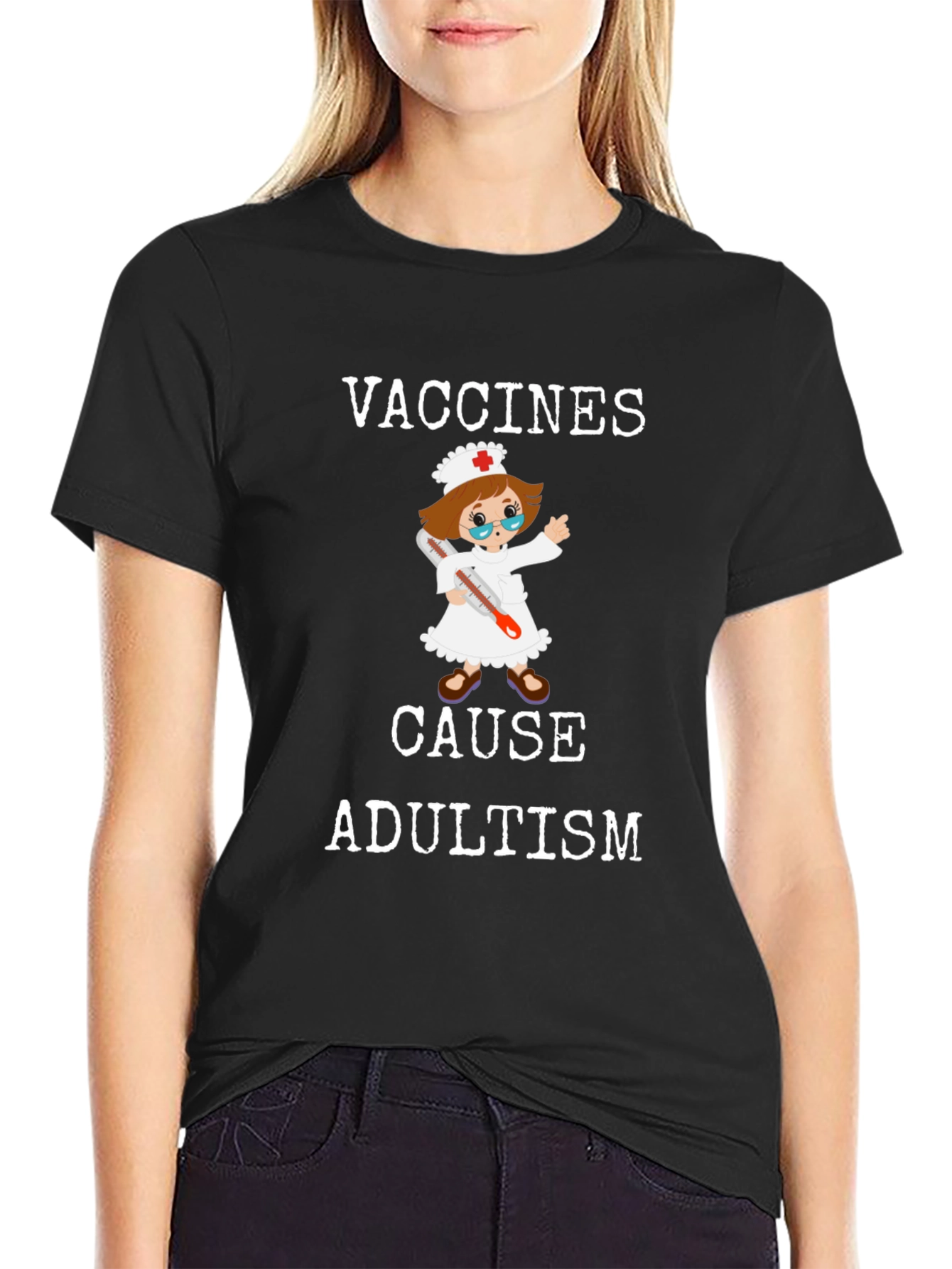 Black Vaccines Cause Adultism Funny T-Shirt view 2