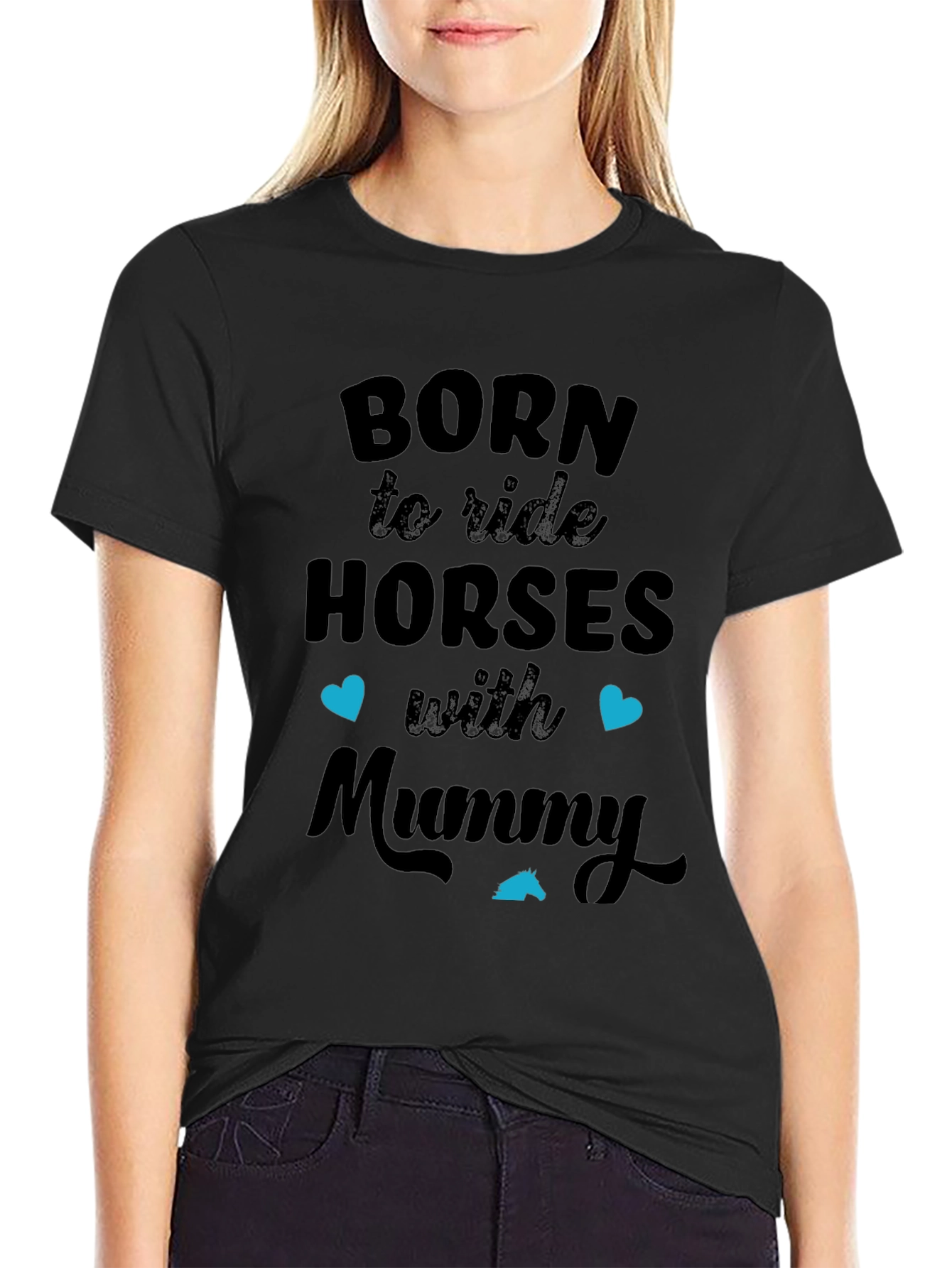 Black Born to Ride Horses with Mummy Black T-Shirt view 2