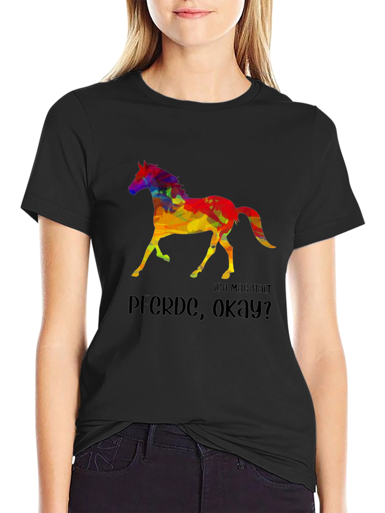 Black Colorful Horse Graphic T-Shirt - "Ich Mag Halt Pferde, Okay?" view 2