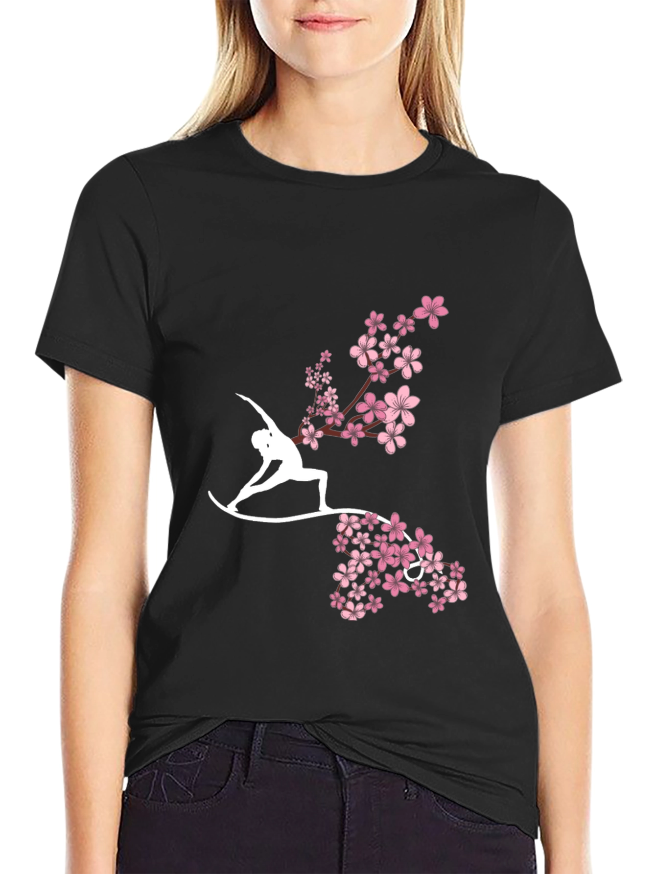 Black Yoga & Cherry Blossom Graphic Tee - Black view 2